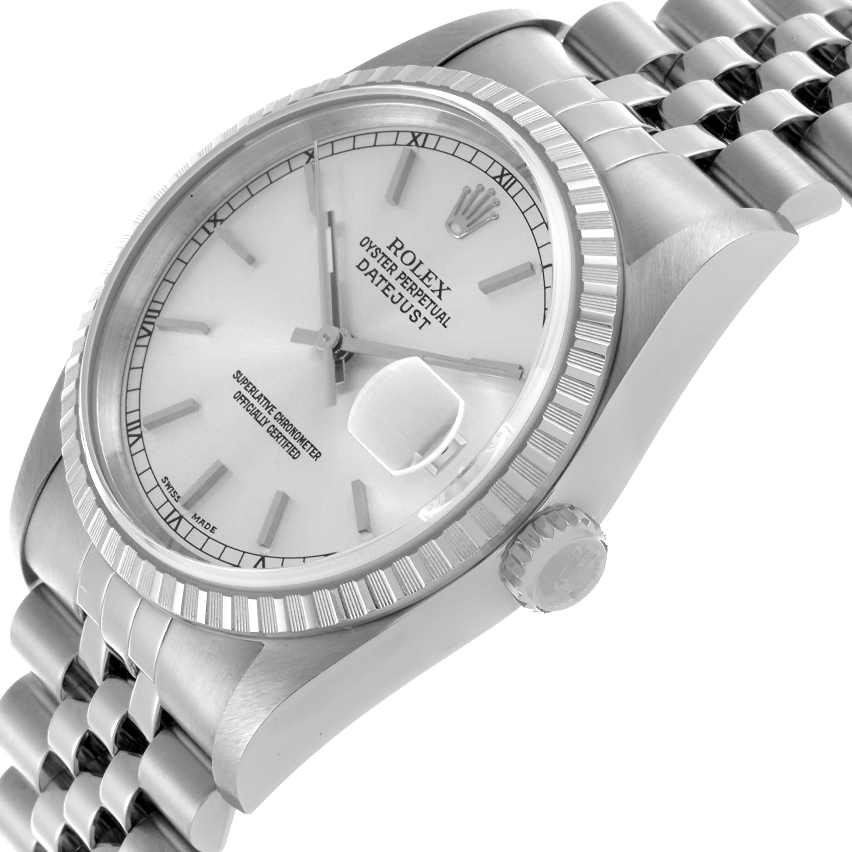 The Rolex Datejust 16220 Men's Stainless Steel Silver Dial 16220 Men's Stainless Steel Silver Dial watch is shown at an angle highlighting the face, bezel, and bracelet.