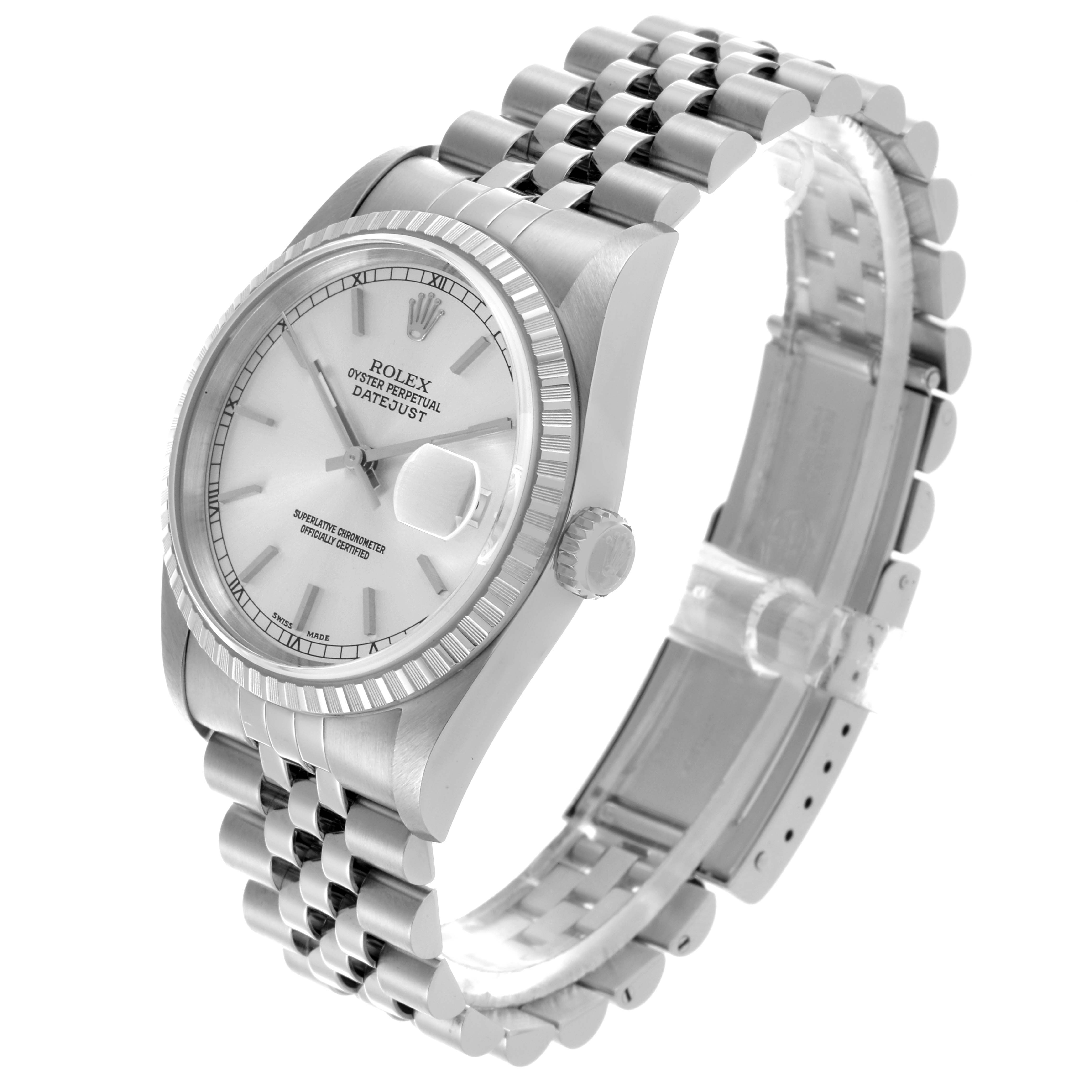 The Rolex Datejust 16220 Men's Stainless Steel Silver Dial 16220 Men's Stainless Steel Silver Dial watch is shown at a slight angle, displaying the dial, bezel, crown, and jubilee bracelet.