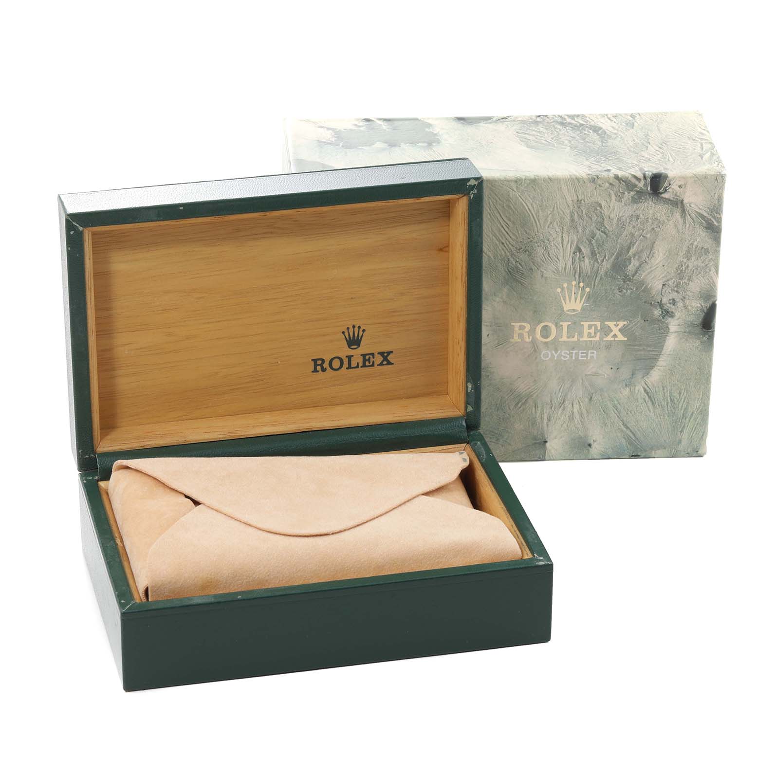 The image shows the open box and case for the Rolex Vintage Collection 1603 Men's Stainless Steel Silver Dial 1603 Men's Stainless Steel Silver Dial model, highlighting the brand's logo.