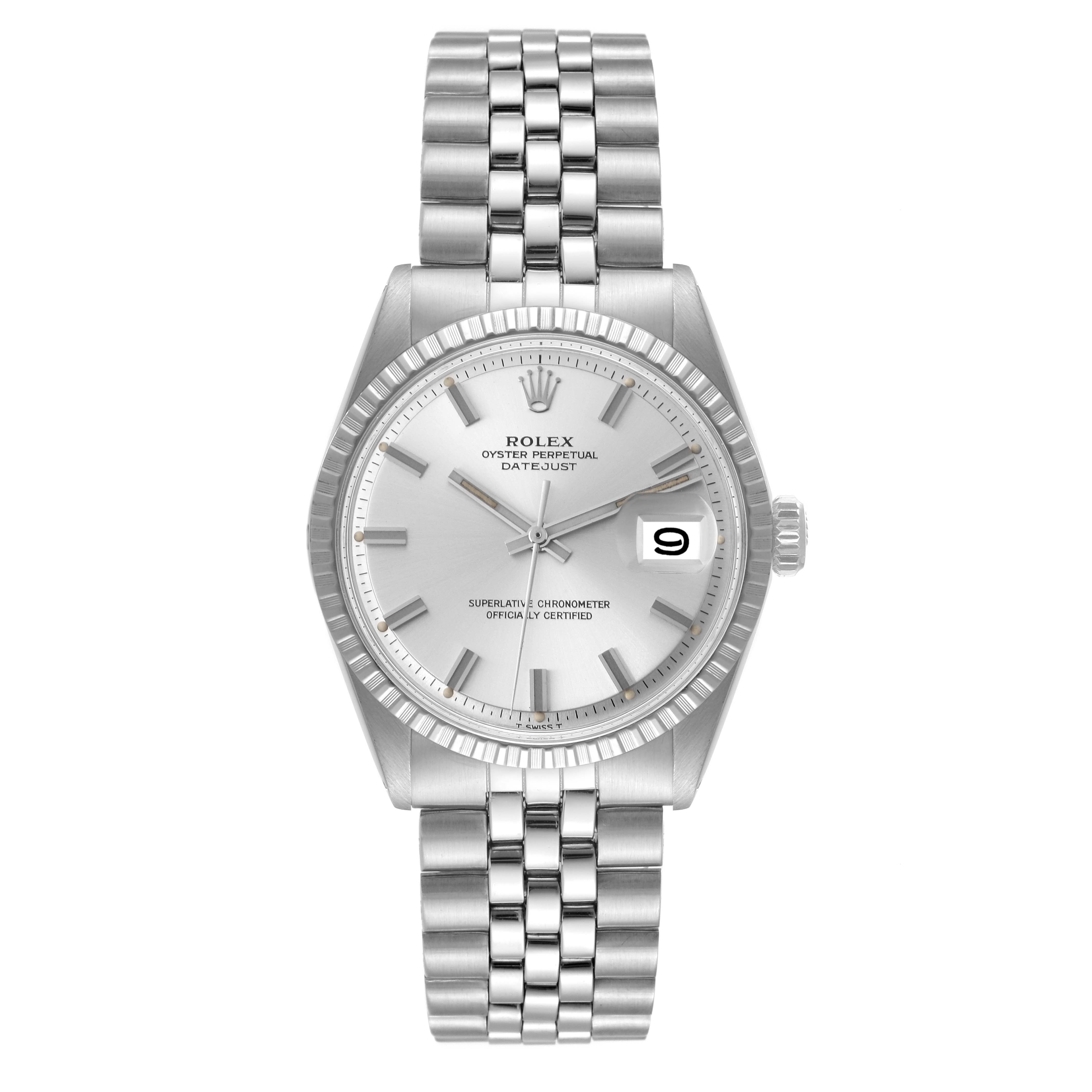 The image shows a frontal view of a Rolex Vintage Collection 1603 Men's Stainless Steel Silver Dial 1603 Men's Stainless Steel Silver Dial model watch, highlighting the dial, bezel, bracelet, and date window.