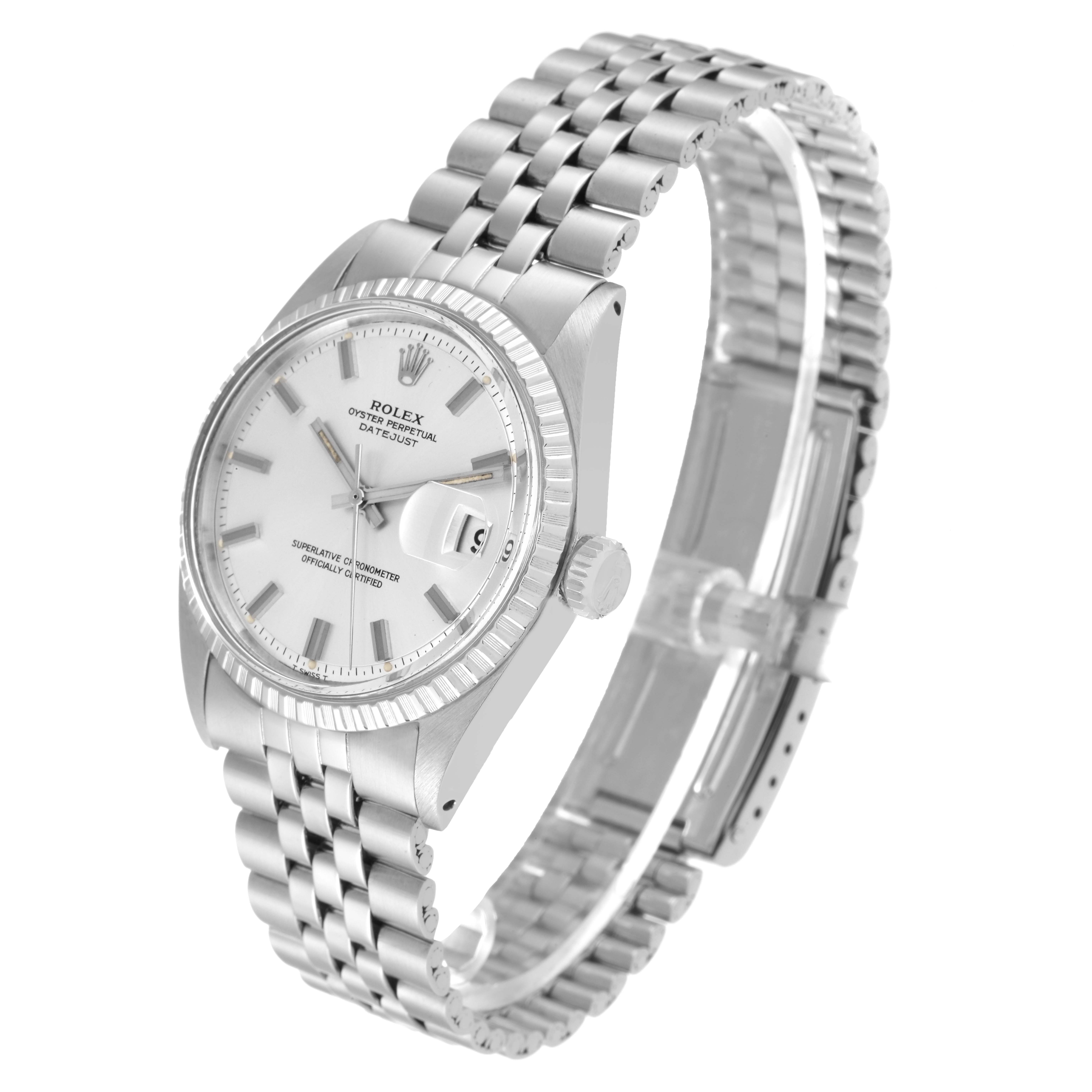 The image shows a Rolex Vintage Collection 1603 Men's Stainless Steel Silver Dial 1603 Men's Stainless Steel Silver Dial Datejust watch, highlighting its silver bracelet, crown, and white dial at a slight angle.