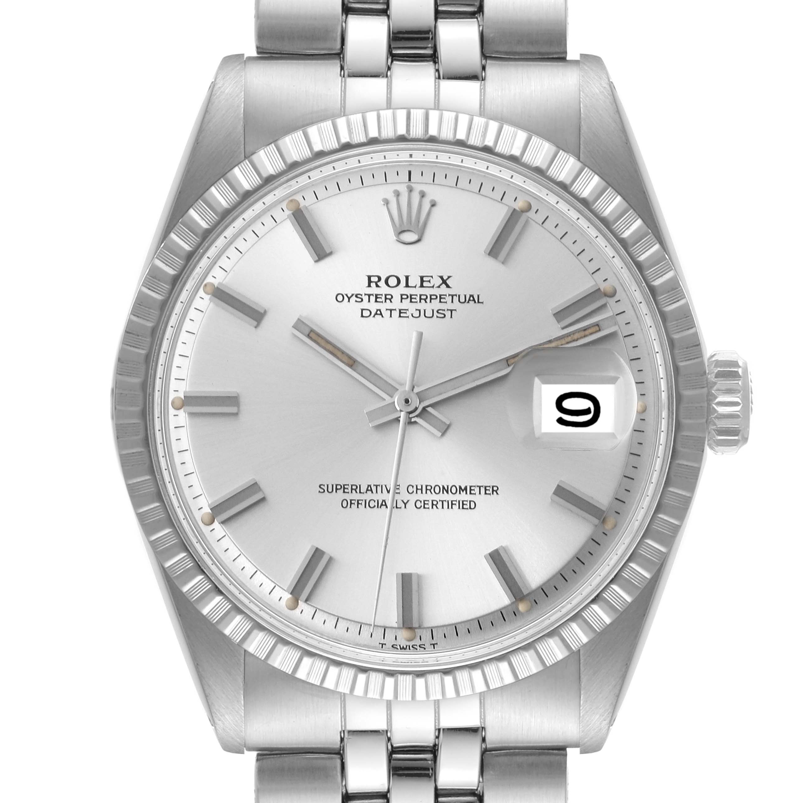 The image shows a front view of the Rolex Vintage Collection 1603 Men's Stainless Steel Silver Dial 1603 Men's Stainless Steel Silver Dial Oyster Perpetual Datejust watch, highlighting its dial, bezel, and part of the bracelet.