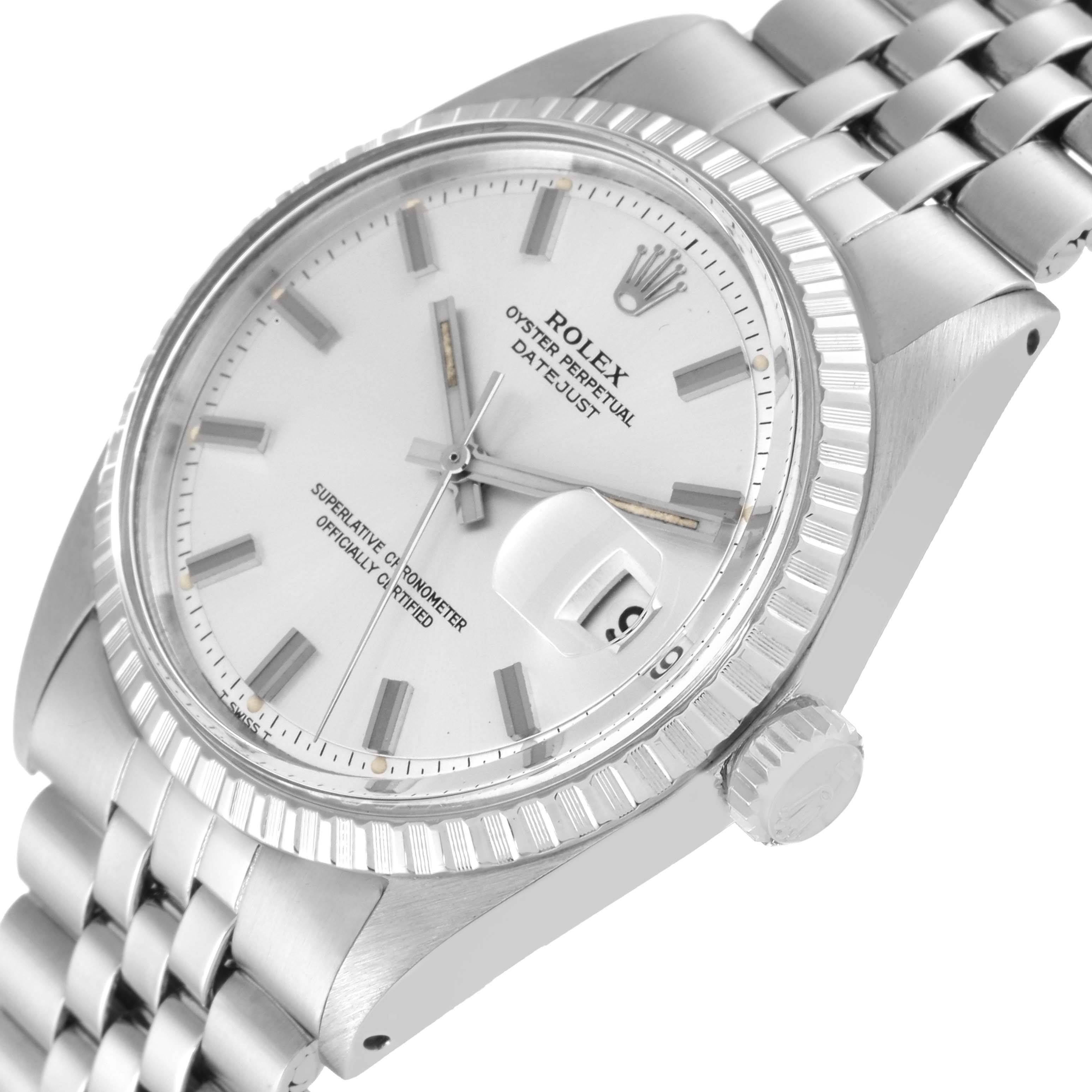 The image shows a side angle of the Rolex Vintage Collection 1603 Men's Stainless Steel Silver Dial 1603 Men's Stainless Steel Silver Dial watch, highlighting the dial, bezel, crown, and part of the bracelet.