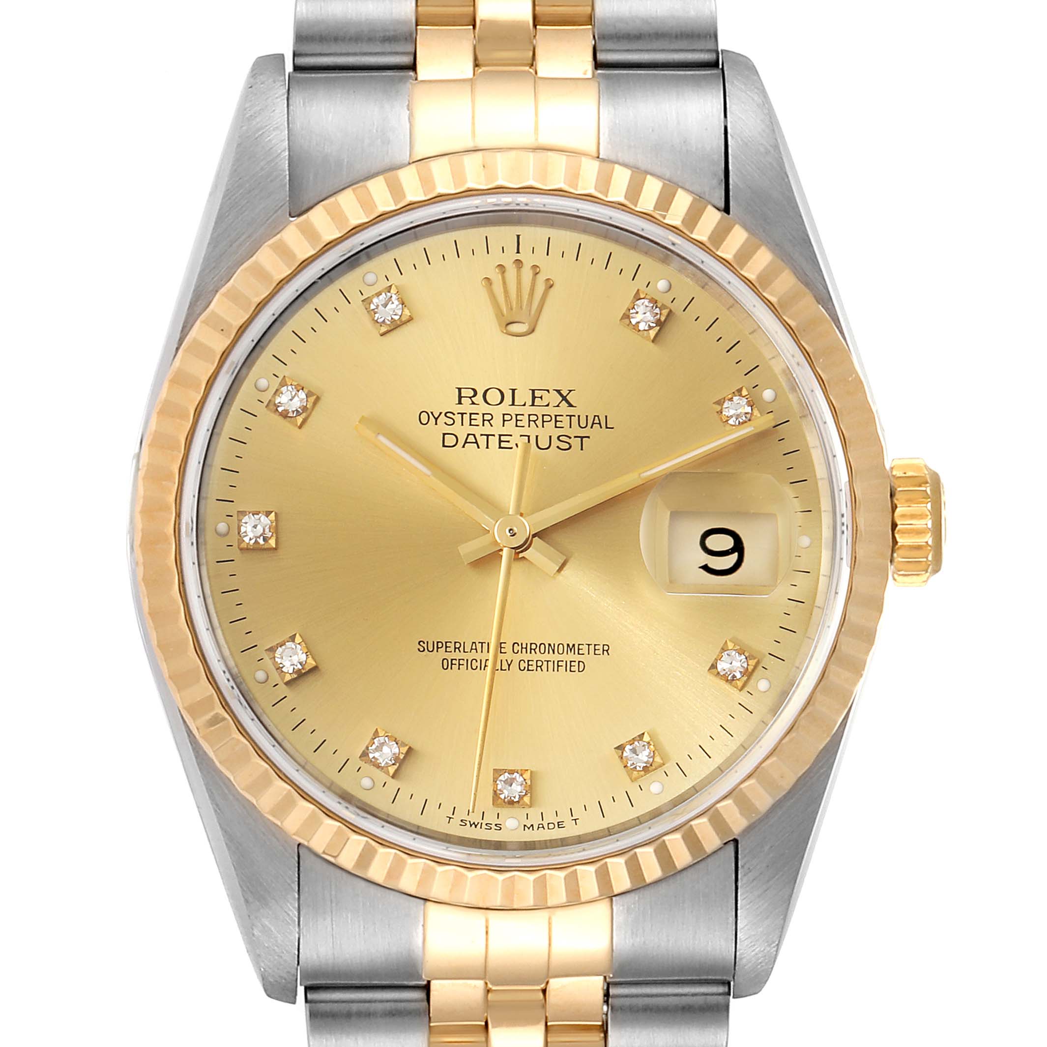 The image shows a frontal view of the Rolex Datejust 16233 Men's Steel and Gold (two tone) Champagne Dial 16233 Men's Steel and Gold (two tone) Champagne Dial watch, highlighting the gold and silver bracelet and the diamond hour markers.