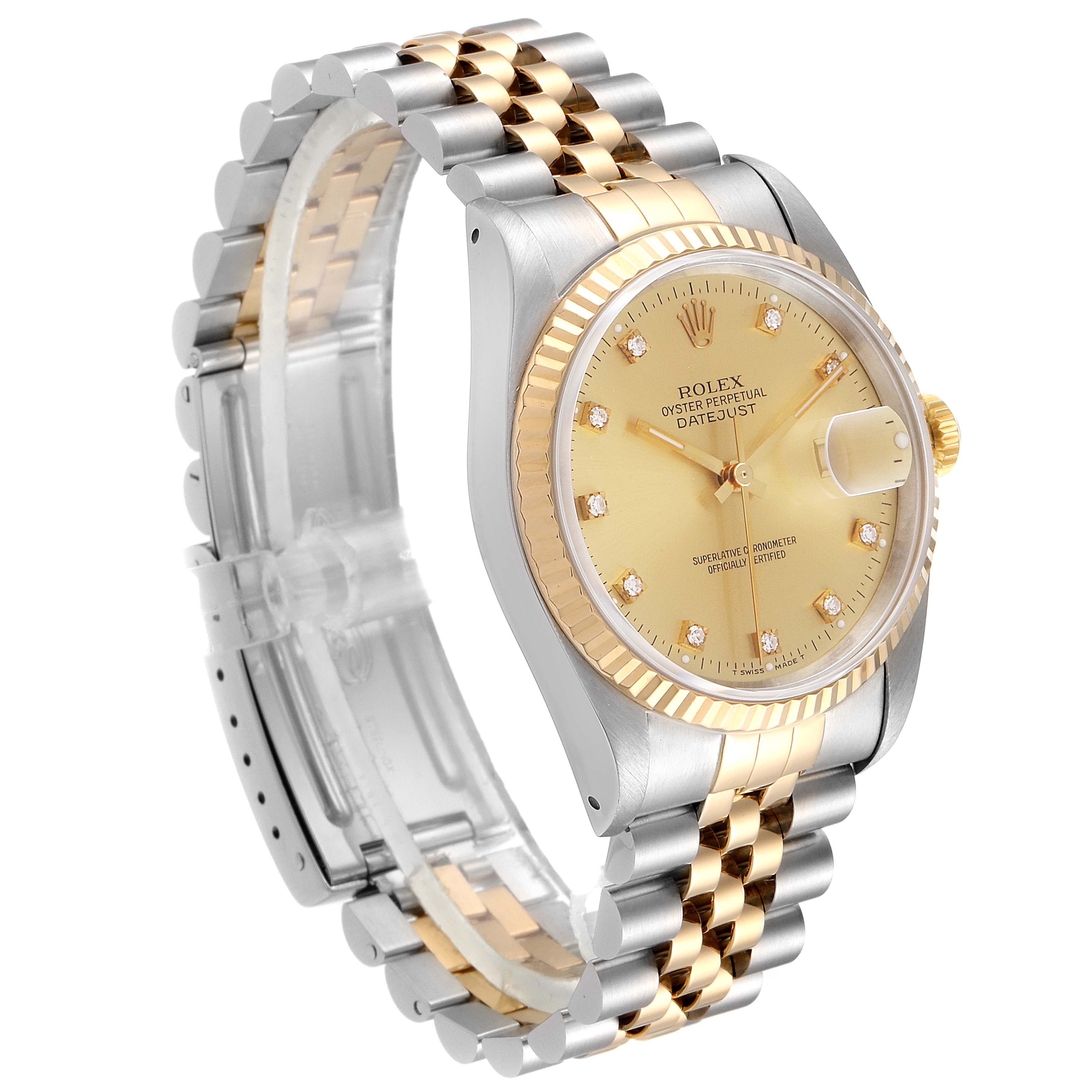 The image shows a side-angle view of a Rolex Datejust 16233 Men's Steel and Gold (two tone) Champagne Dial 16233 Men's Steel and Gold (two tone) Champagne Dial watch, highlighting the two-tone bracelet and gold dial with diamond hour markers.