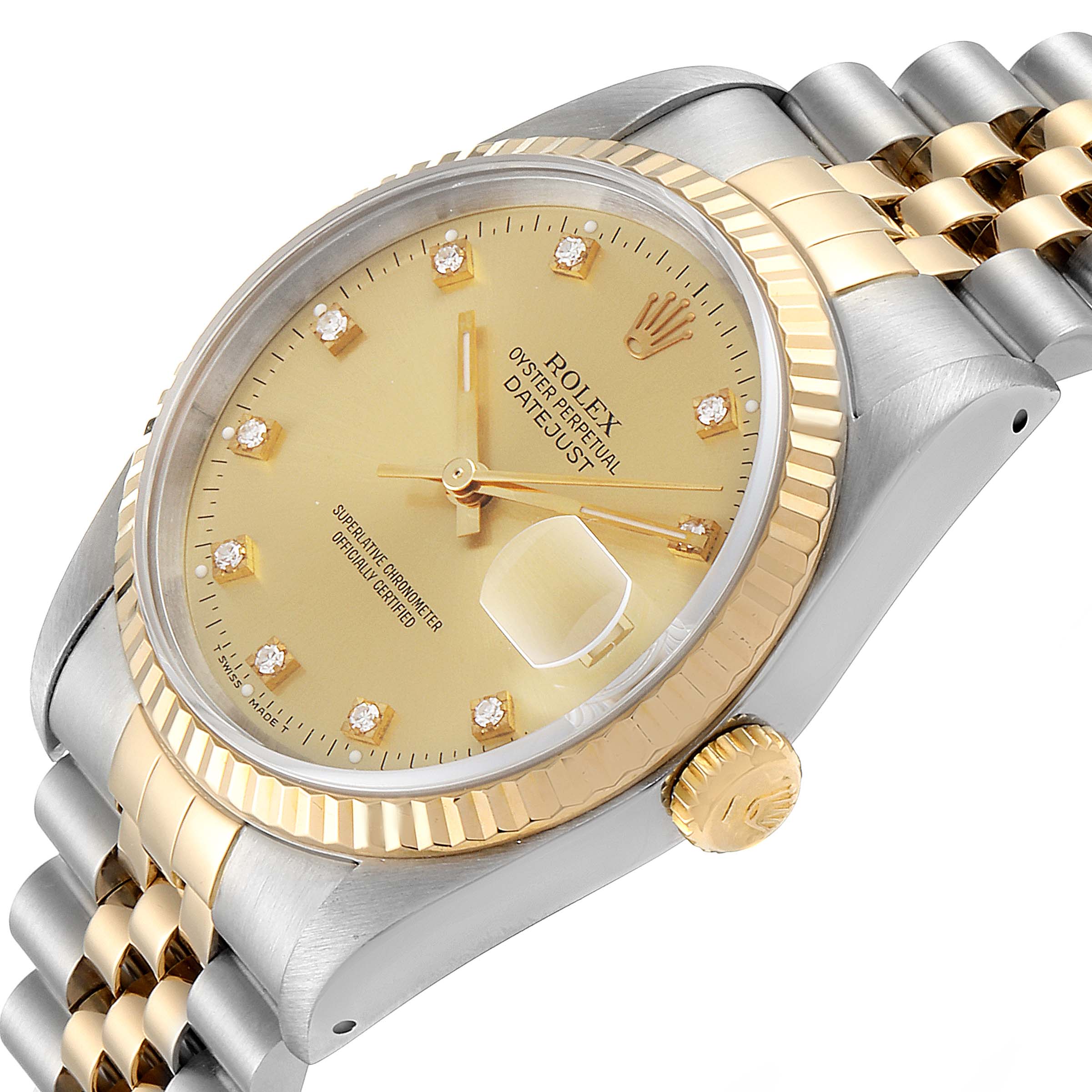 This image shows a Rolex Datejust 16233 Men's Steel and Gold (two tone) Champagne Dial 16233 Men's Steel and Gold (two tone) Champagne Dial watch from an angled view, highlighting its gold dial, fluted bezel, and bi-metal bracelet.