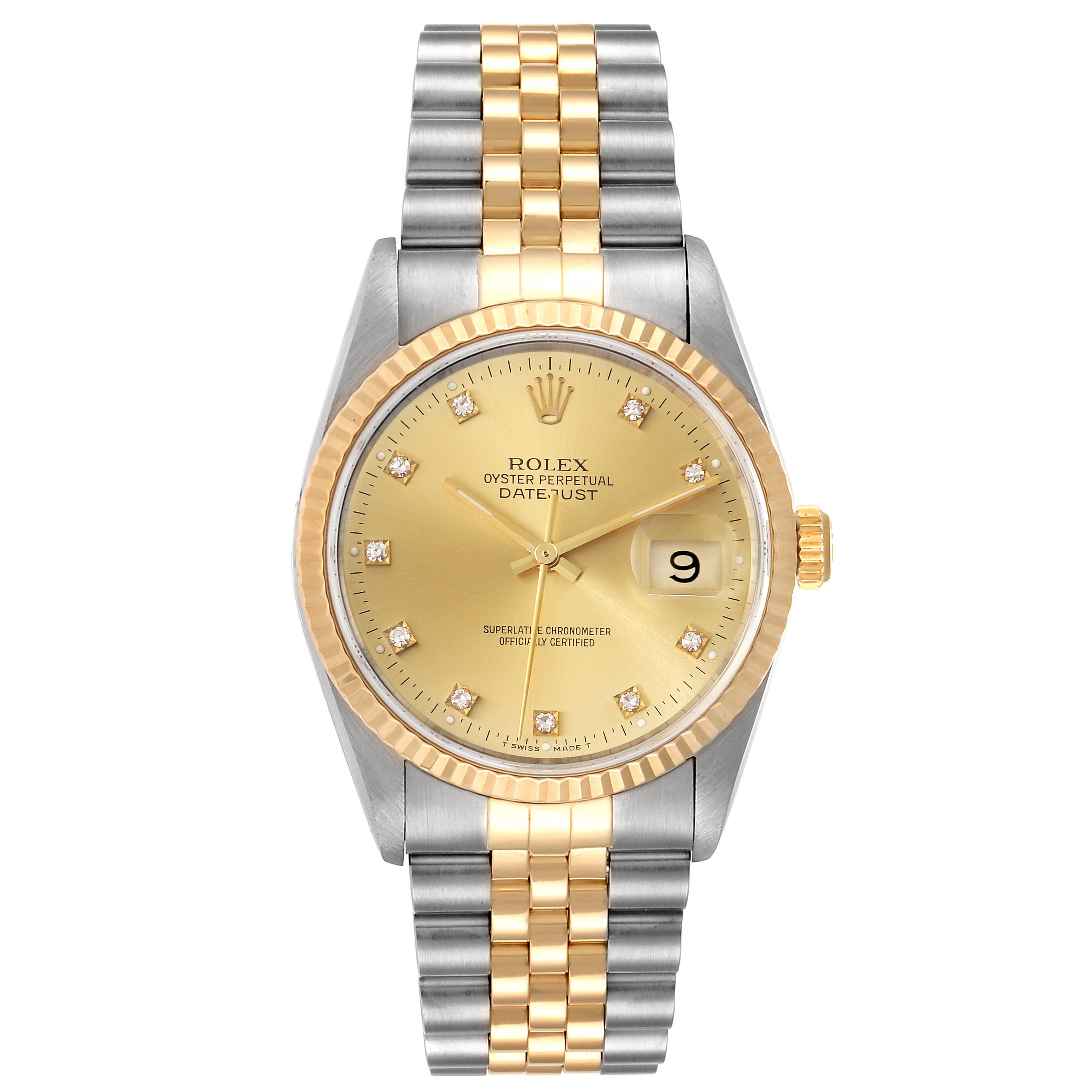 This is a front view of a Rolex Datejust 16233 Men's Steel and Gold (two tone) Champagne Dial 16233 Men's Steel and Gold (two tone) Champagne Dial watch featuring a gold and silver band and a gold dial with diamond hour markers.