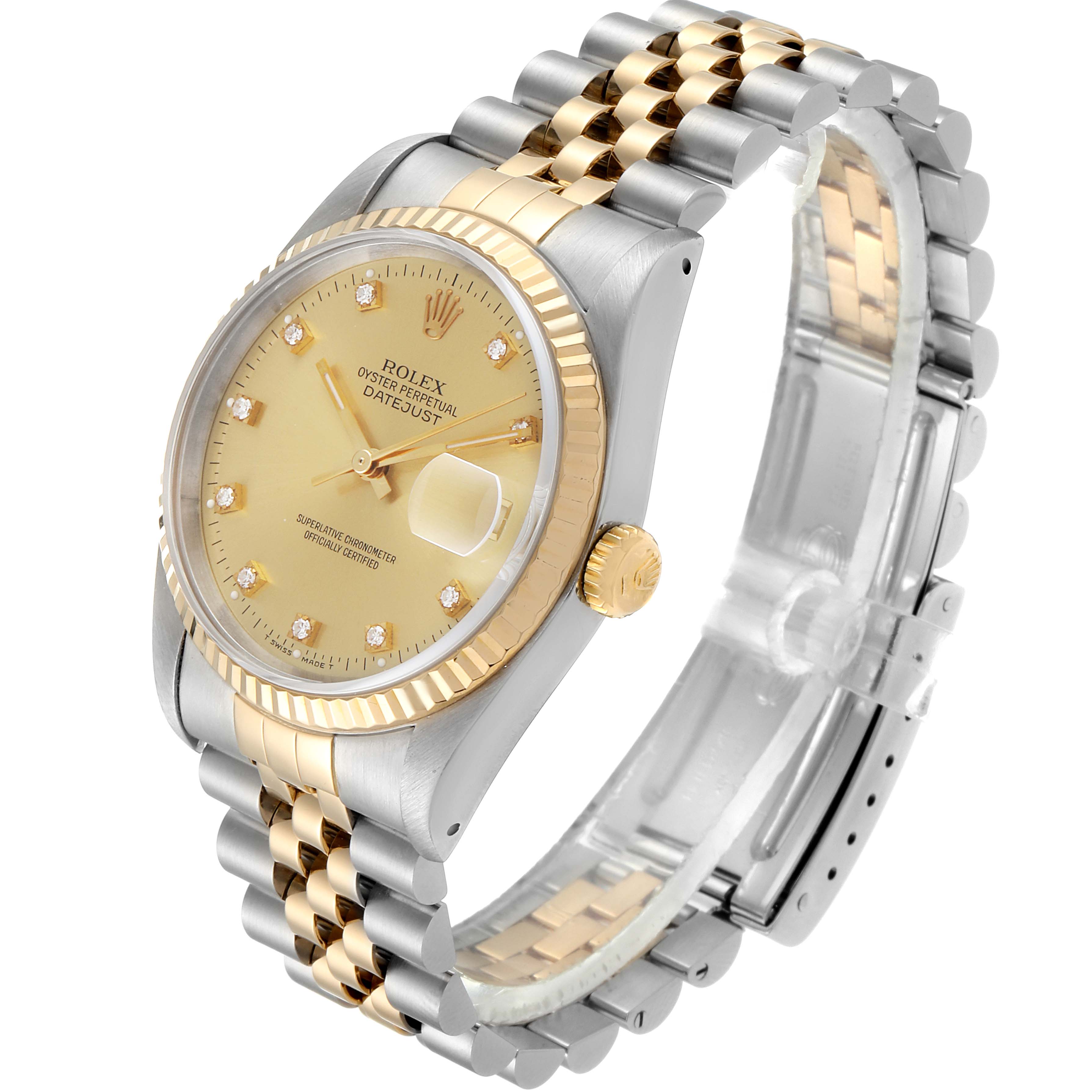 This Rolex Datejust 16233 Men's Steel and Gold (two tone) Champagne Dial 16233 Men's Steel and Gold (two tone) Champagne Dial watch is shown at a three-quarter angle, displaying the dial, bezel, crown, and bracelet.