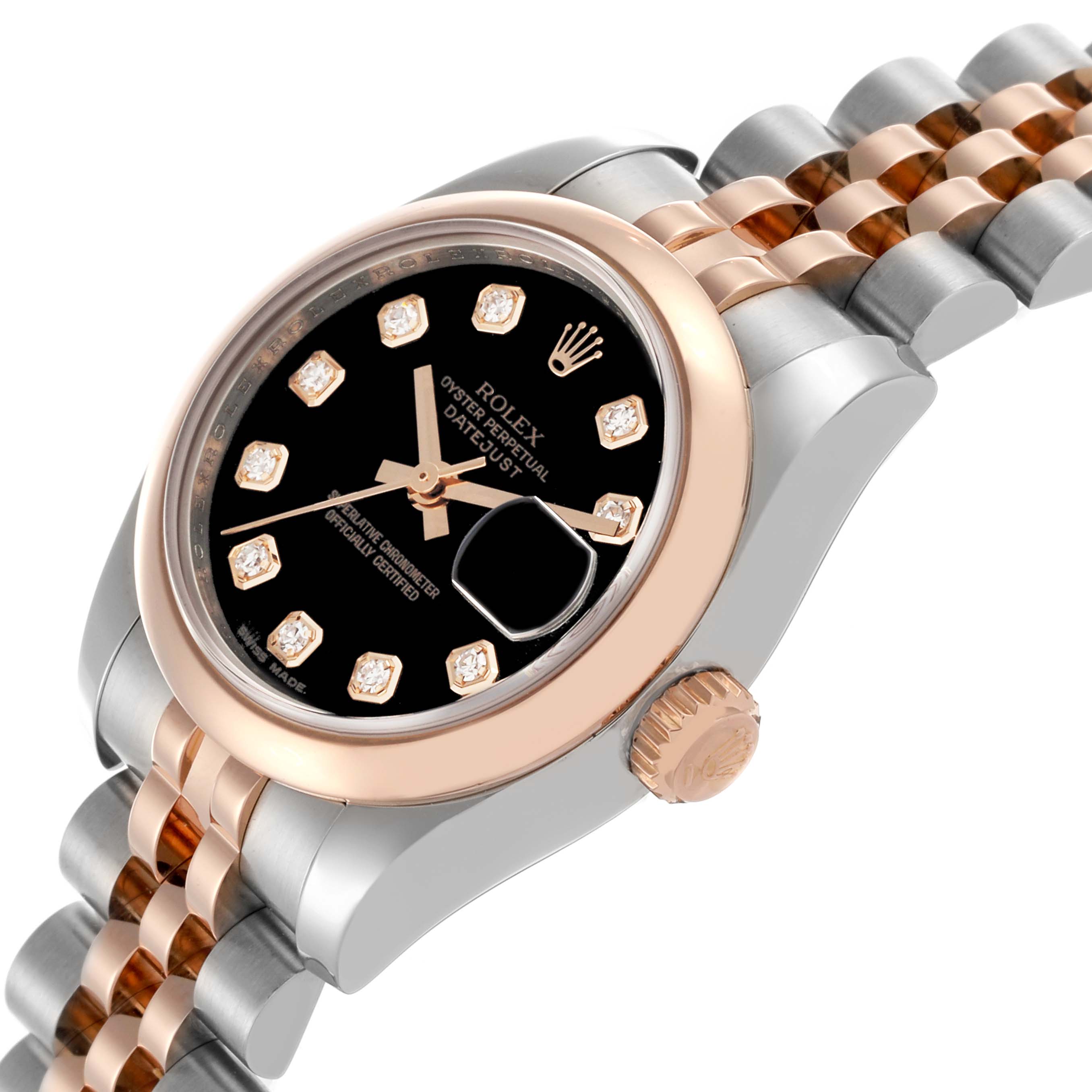The image shows the Rolex Datejust 179161 Women's Steel and Gold (two tone) Black Dial 179161 Women's Steel and Gold (two tone) Black Dial at a three-quarter angle, highlighting the crown, dial, bezel, and bracelet.