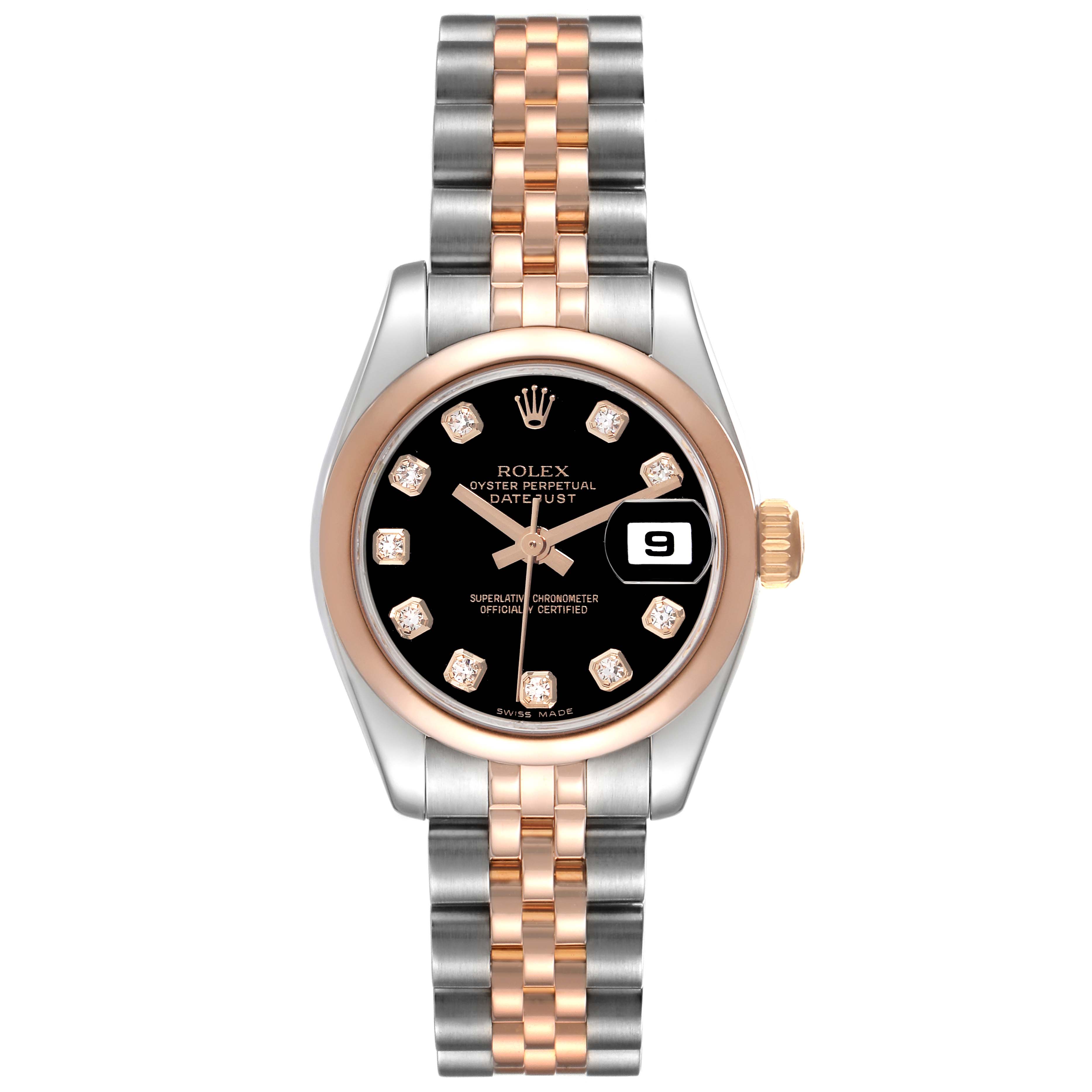 The Rolex Datejust 179161 Women's Steel and Gold (two tone) Black Dial 179161 Women's Steel and Gold (two tone) Black Dial watch is shown from a front view, highlighting the dial, bezel, and bracelet.