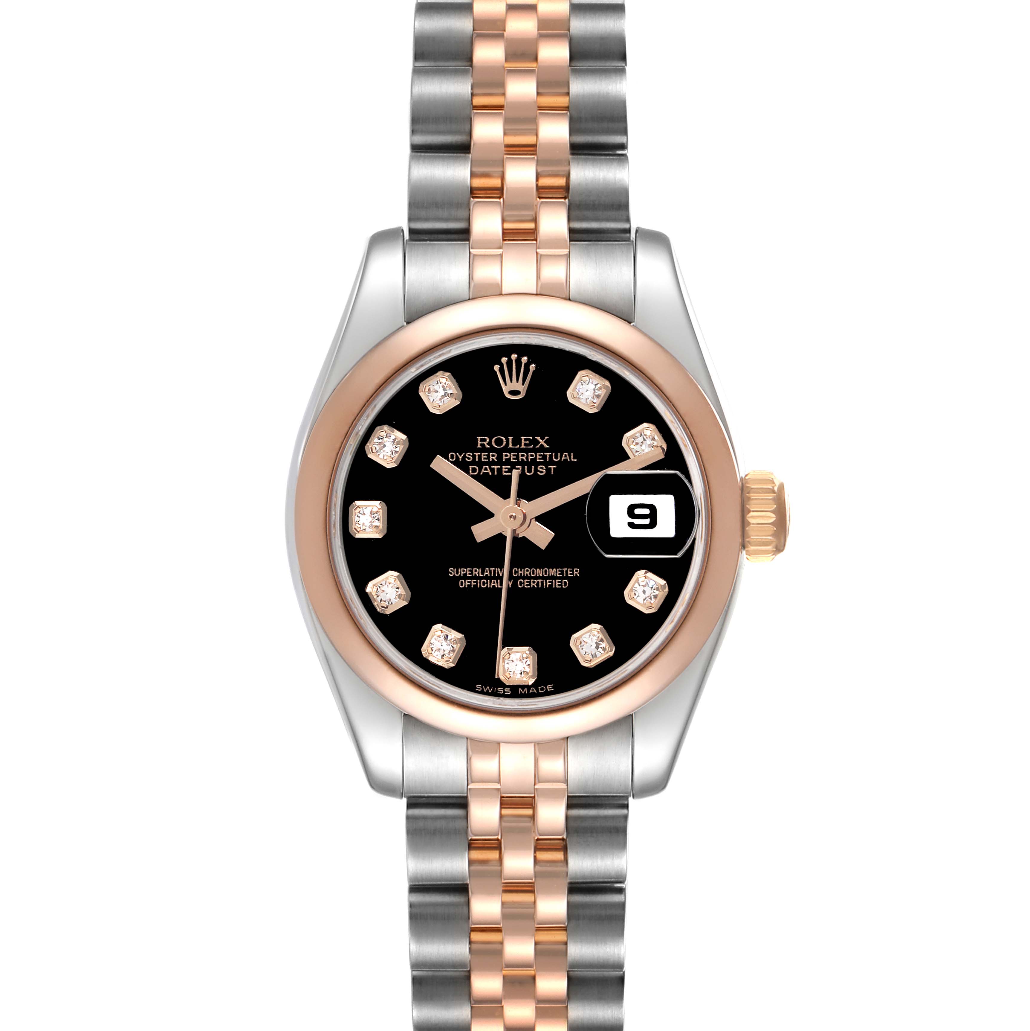 The Rolex Datejust 179161 Women's Steel and Gold (two tone) Black Dial 179161 Women's Steel and Gold (two tone) Black Dial is shown from the front, highlighting its dial, bezel, crown, and two-tone bracelet.