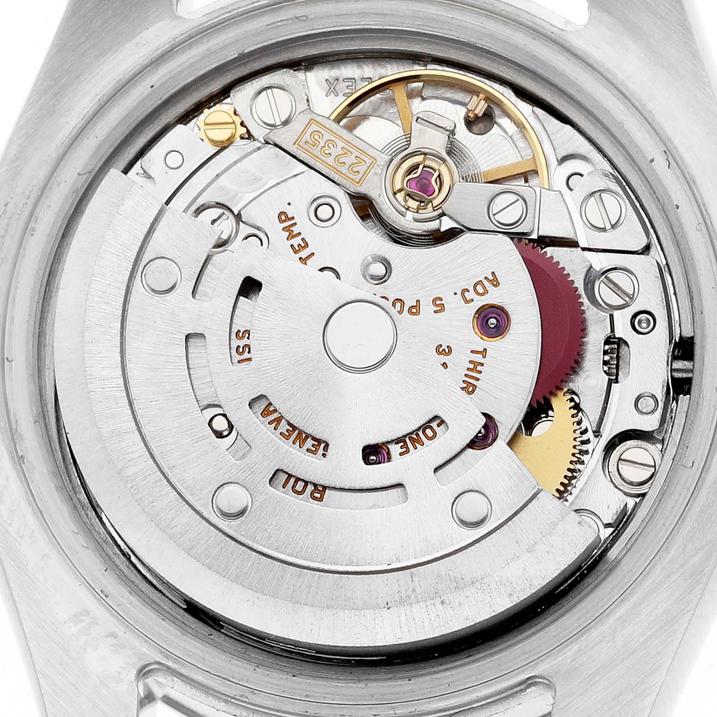 The image shows the movement of a Rolex Datejust 179161 Women's Steel and Gold (two tone) Black Dial 179161 Women's Steel and Gold (two tone) Black Dial watch from a top-down angle, highlighting the intricate mechanics inside.