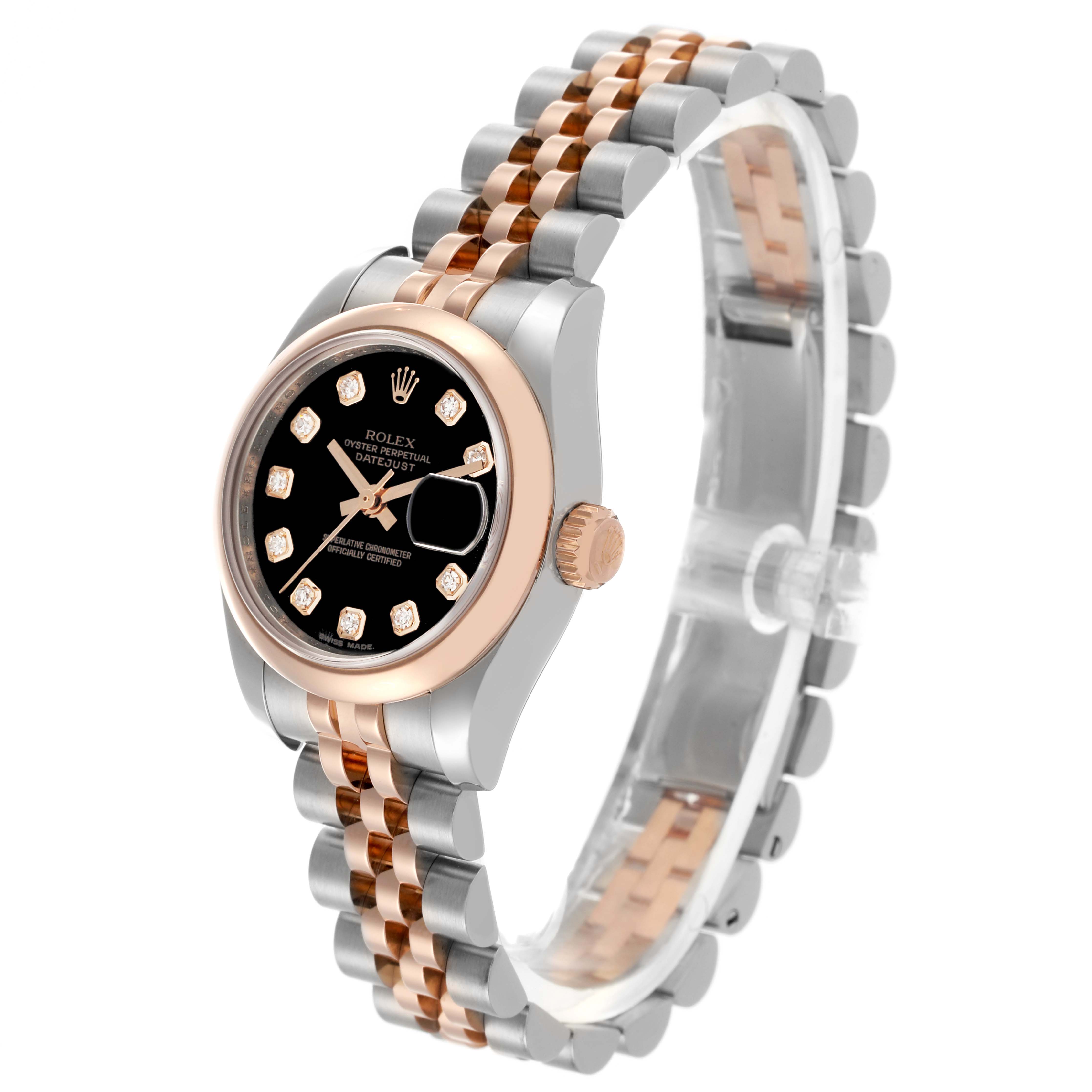 The Rolex Datejust 179161 Women's Steel and Gold (two tone) Black Dial 179161 Women's Steel and Gold (two tone) Black Dial watch is shown from a three-quarter angle, highlighting the face, bezel, crown, and bracelet.