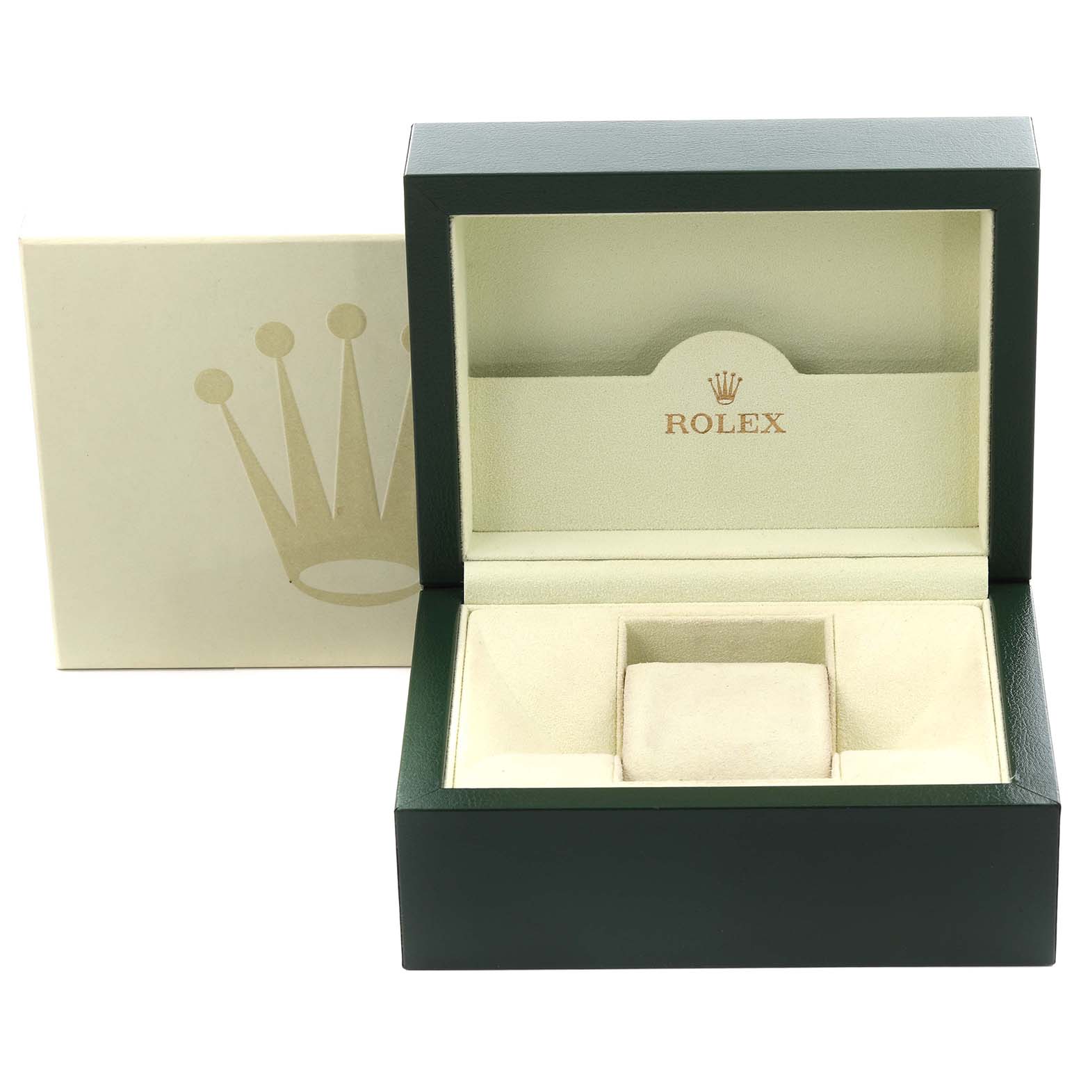 The image shows an open Rolex Datejust 179161 Women's Steel and Gold (two tone) Black Dial 179161 Women's Steel and Gold (two tone) Black Dial box with a beige interior, showcasing the brand logo.