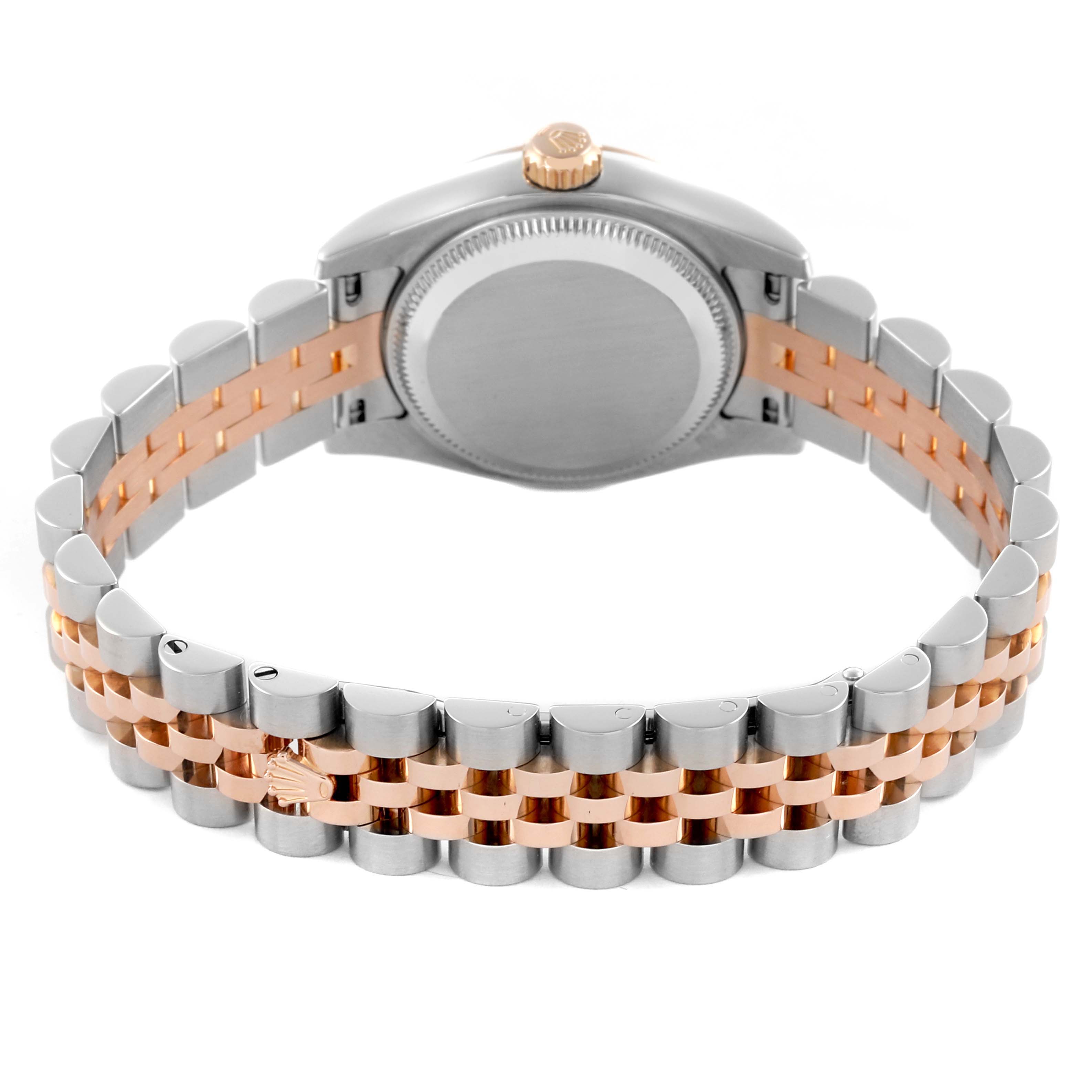 The image shows the backside of a Rolex Datejust 179161 Women's Steel and Gold (two tone) Black Dial 179161 Women's Steel and Gold (two tone) Black Dial watch, highlighting the bracelet and case back from a rear angle.