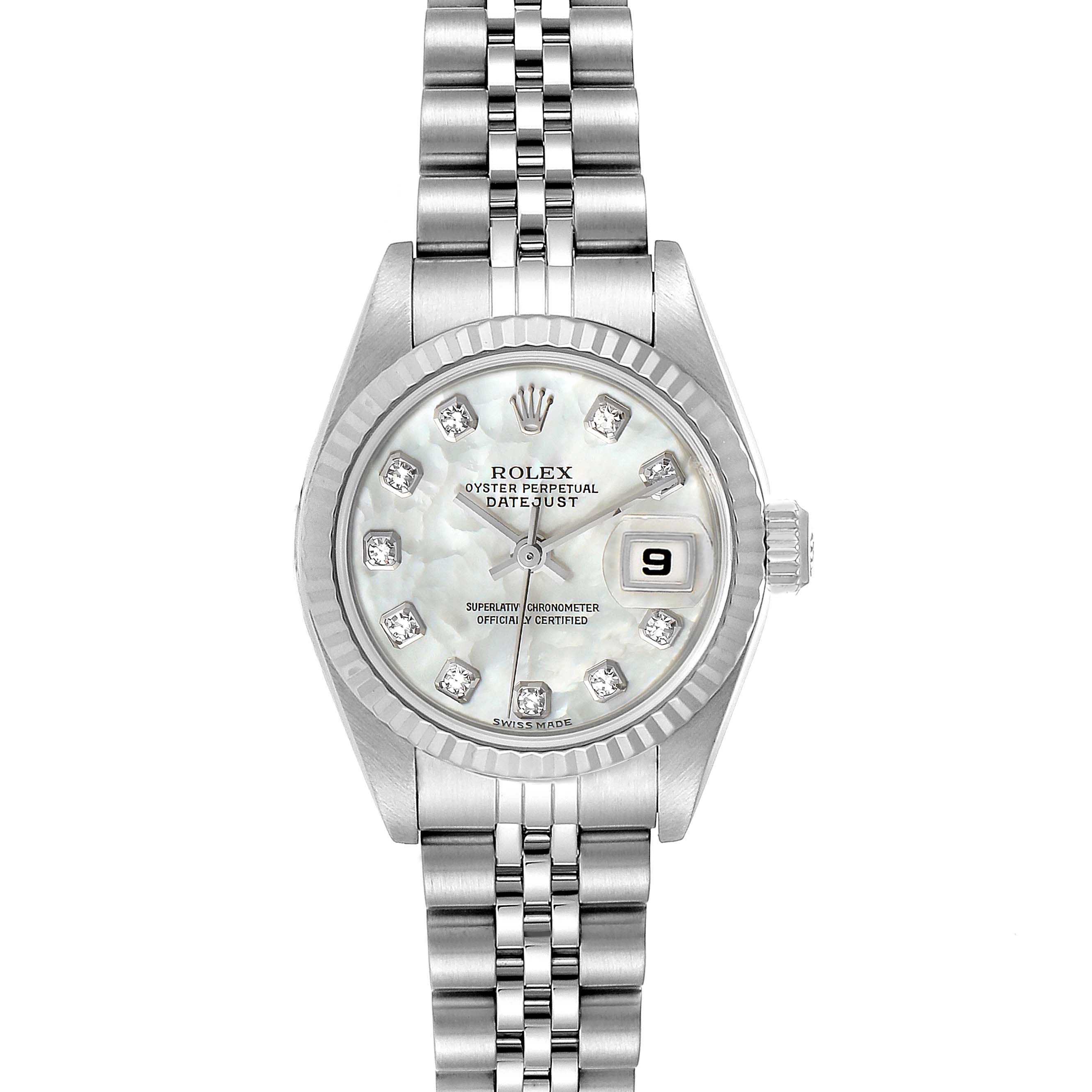 This is a front view of a Rolex Datejust 79174 Women's Stainless Steel Mother of Pearl Dial 79174 Women's Stainless Steel Mother of Pearl Dial watch, showcasing its dial, bezel, crown, and bracelet.