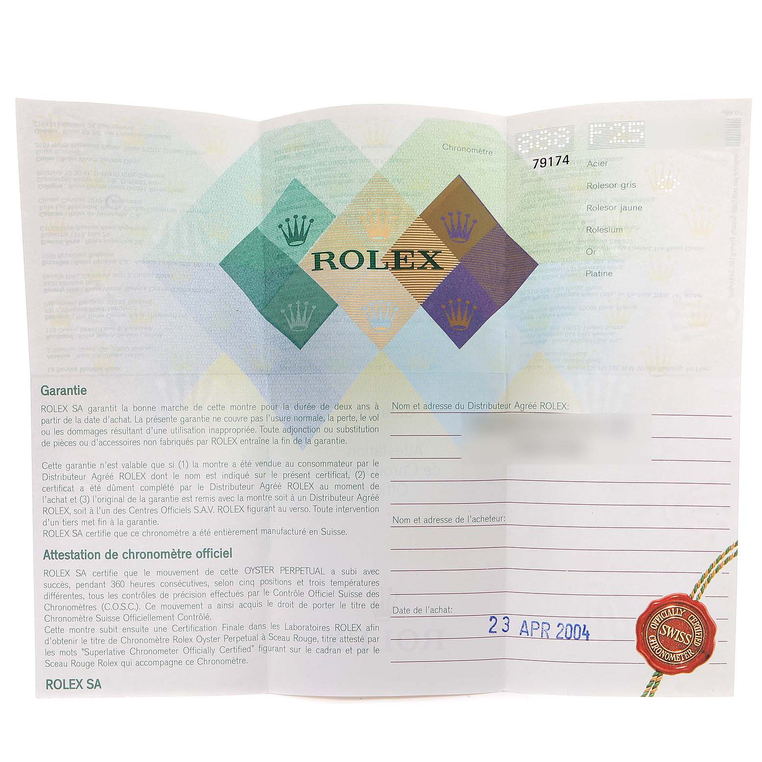 This image shows the warranty and certification card for the Rolex Datejust 79174 Women's Stainless Steel Mother of Pearl Dial 79174 Women's Stainless Steel Mother of Pearl Dial model.