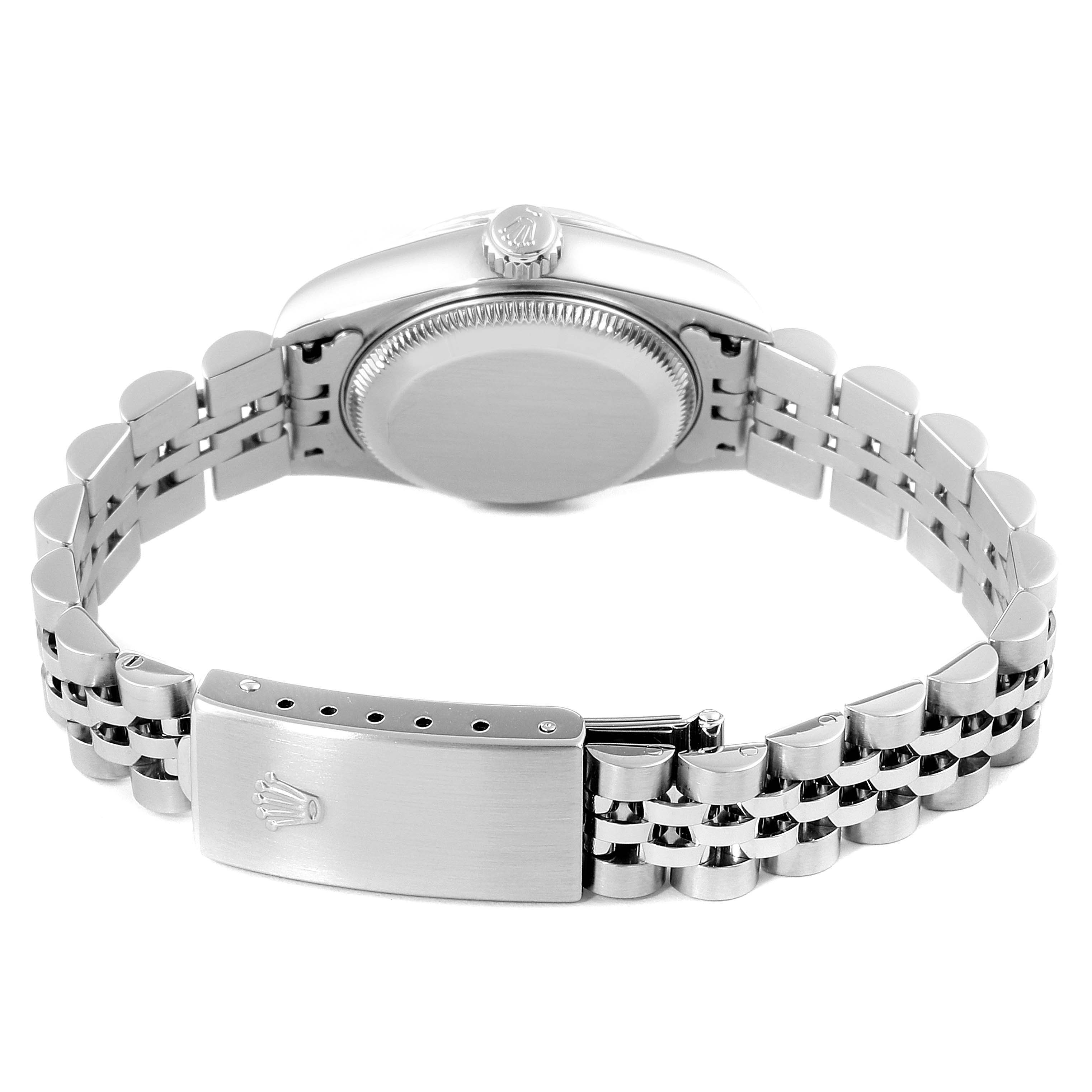 This image shows the back view of a Rolex Datejust 79174 Women's Stainless Steel Mother of Pearl Dial 79174 Women's Stainless Steel Mother of Pearl Dial watch, focusing on the bracelet, clasp, and case back.