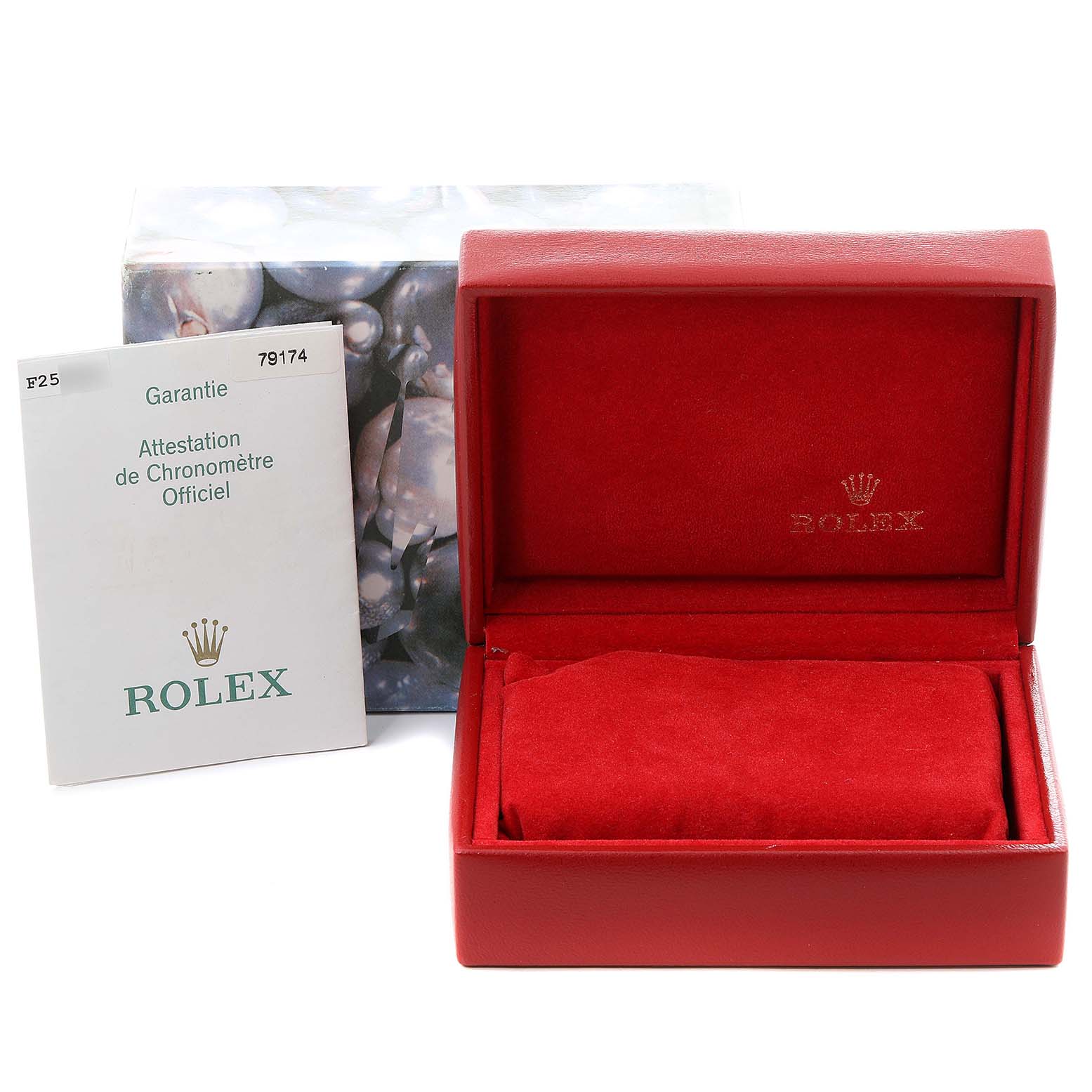 This image shows an open red Rolex watch box, warranty card, and outer packaging for the Rolex Datejust 79174 Women's Stainless Steel Mother of Pearl Dial 79174 Women's Stainless Steel Mother of Pearl Dial model.