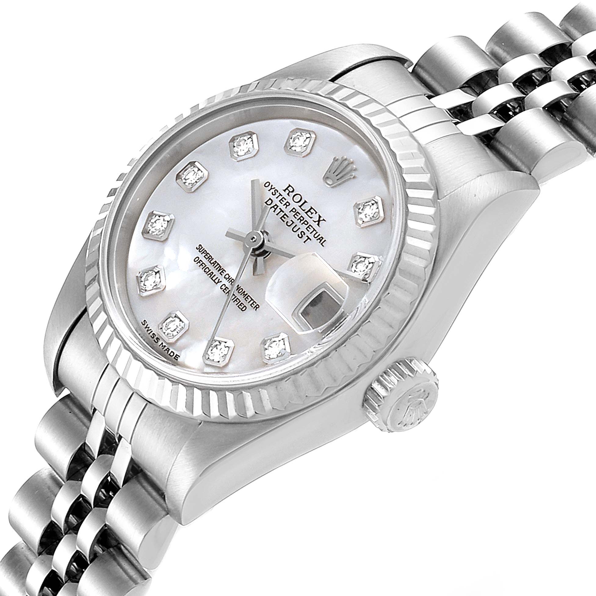 The image shows a close-up side angle of a Rolex Datejust 79174 Women's Stainless Steel Mother of Pearl Dial 79174 Women's Stainless Steel Mother of Pearl Dial watch highlighting the dial, case, bezel, and part of the bracelet.