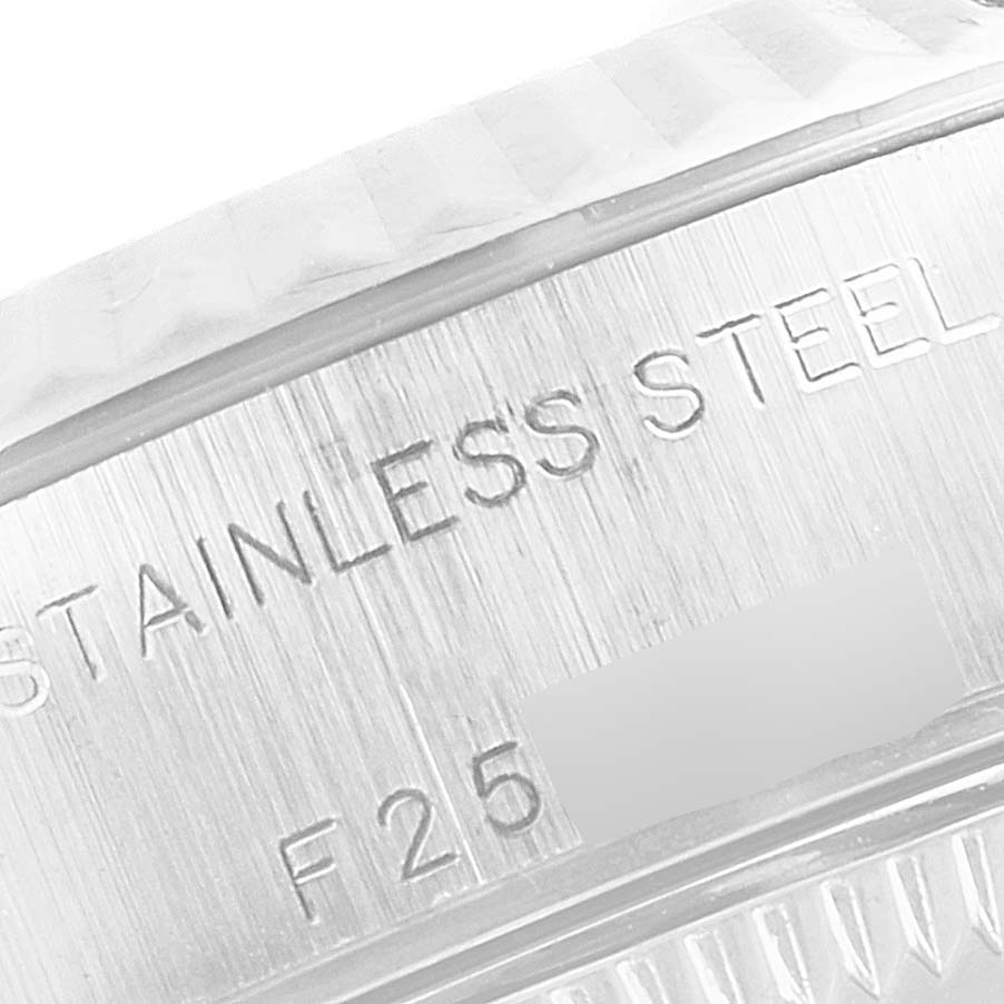 The image shows a close-up angle of the case back of a Rolex Datejust 79174 Women's Stainless Steel Mother of Pearl Dial 79174 Women's Stainless Steel Mother of Pearl Dial watch, displaying the "STAINLESS STEEL" engraving.