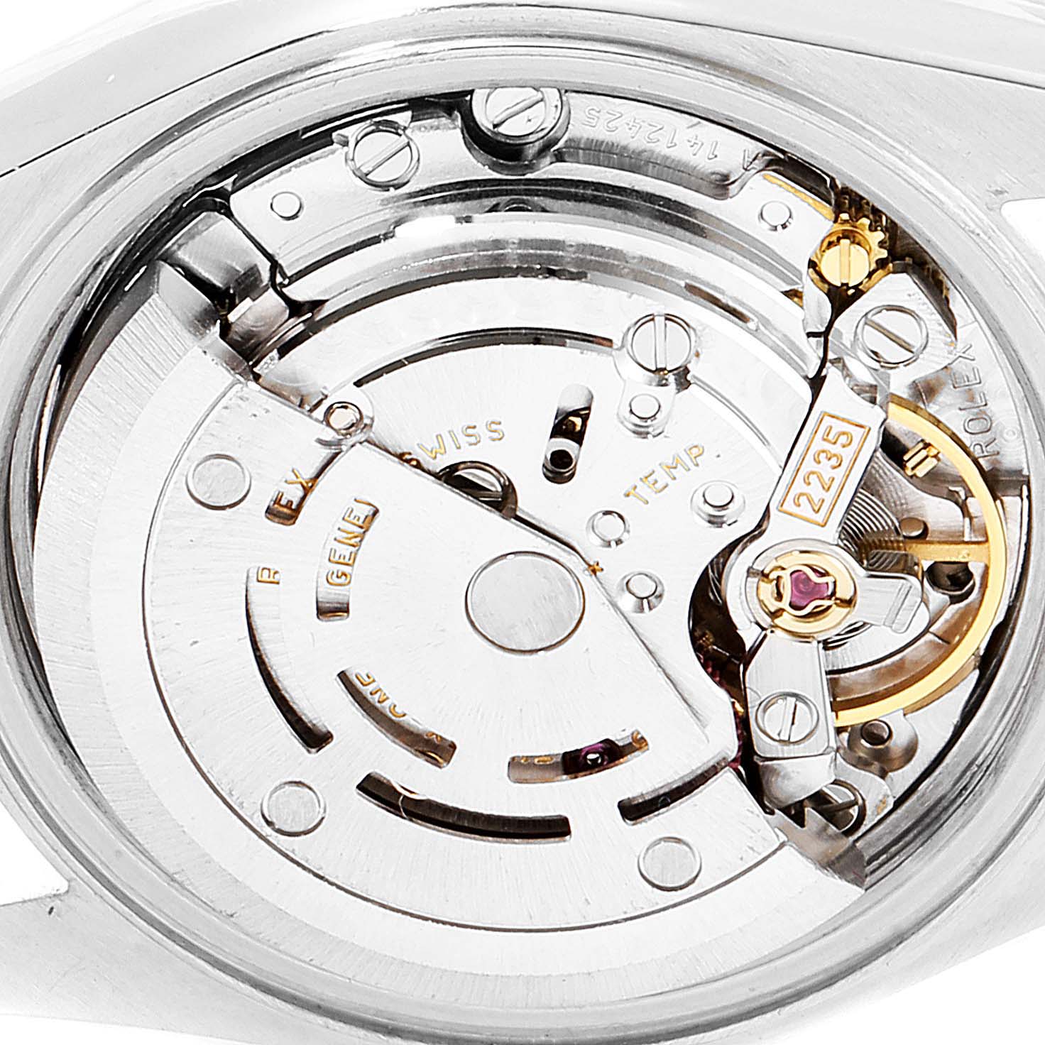 The image shows a detailed view of the Datejust Rolex watch movement mechanism from the back.