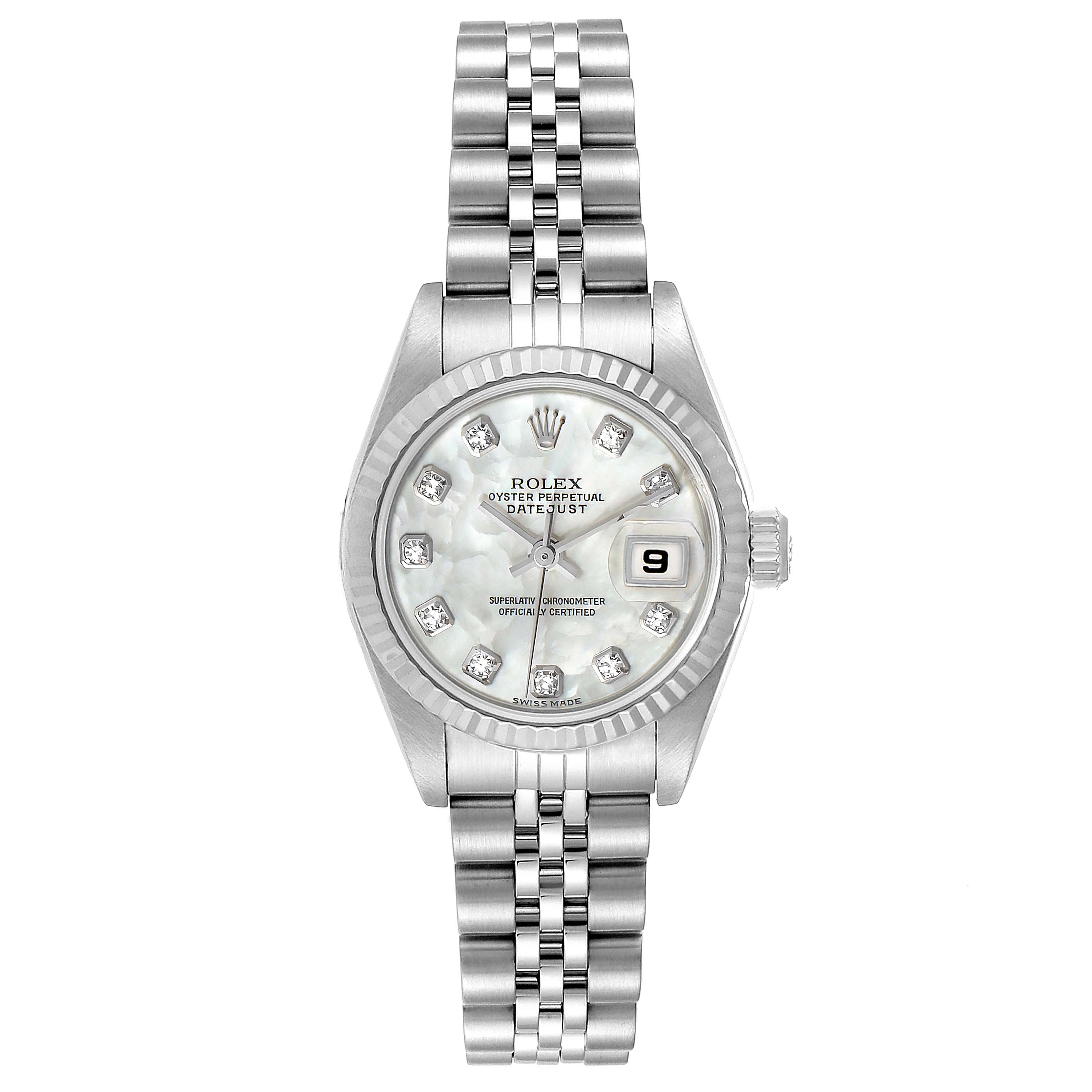This Rolex Datejust 79174 Women's Stainless Steel Mother of Pearl Dial 79174 Women's Stainless Steel Mother of Pearl Dial watch is shown from a top-down angle, highlighting its full bracelet, dial, case, and bezel.