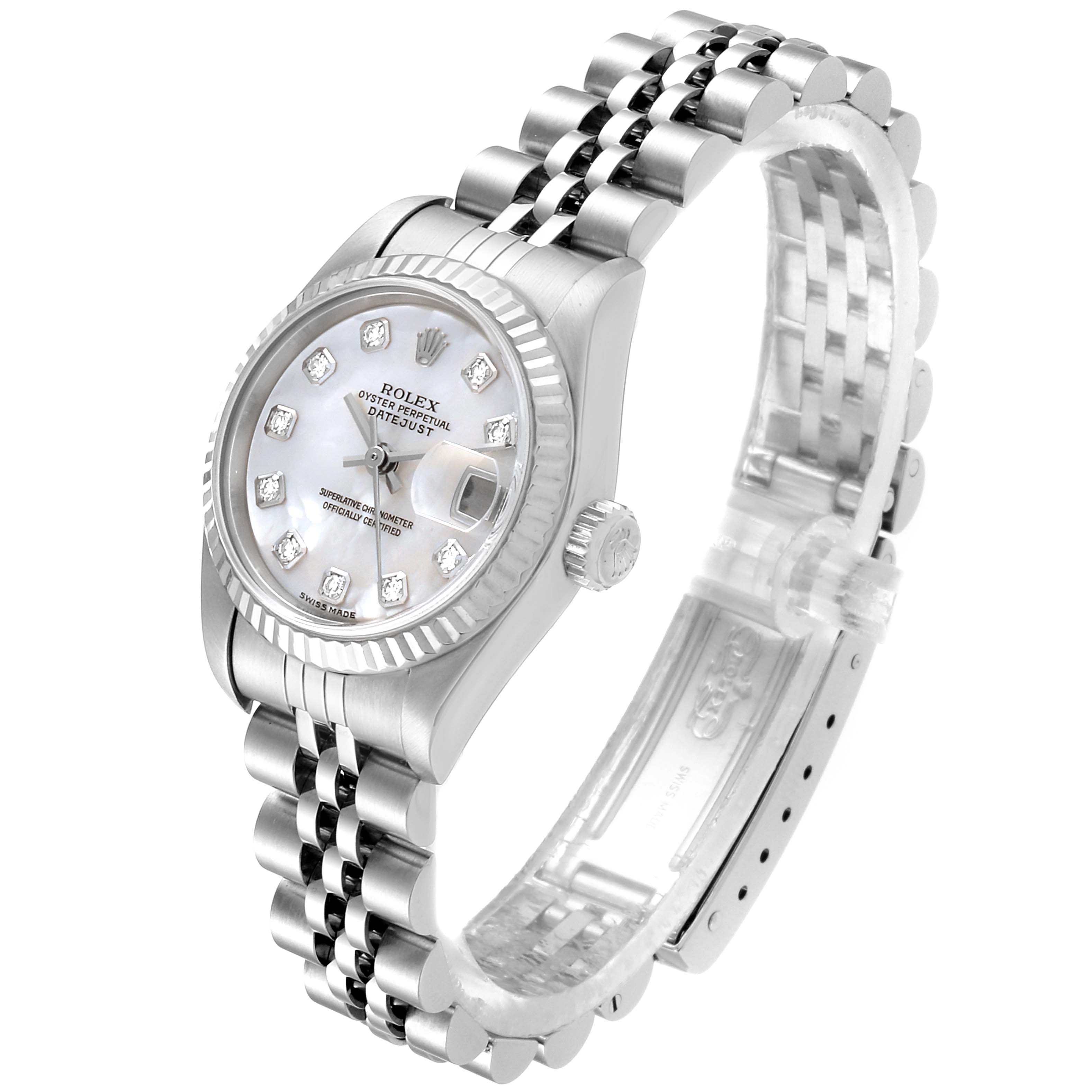 This image shows a Rolex Datejust 79174 Women's Stainless Steel Mother of Pearl Dial 79174 Women's Stainless Steel Mother of Pearl Dial watch at a three-quarter view angle, highlighting the bracelet, case, dial, and crown.