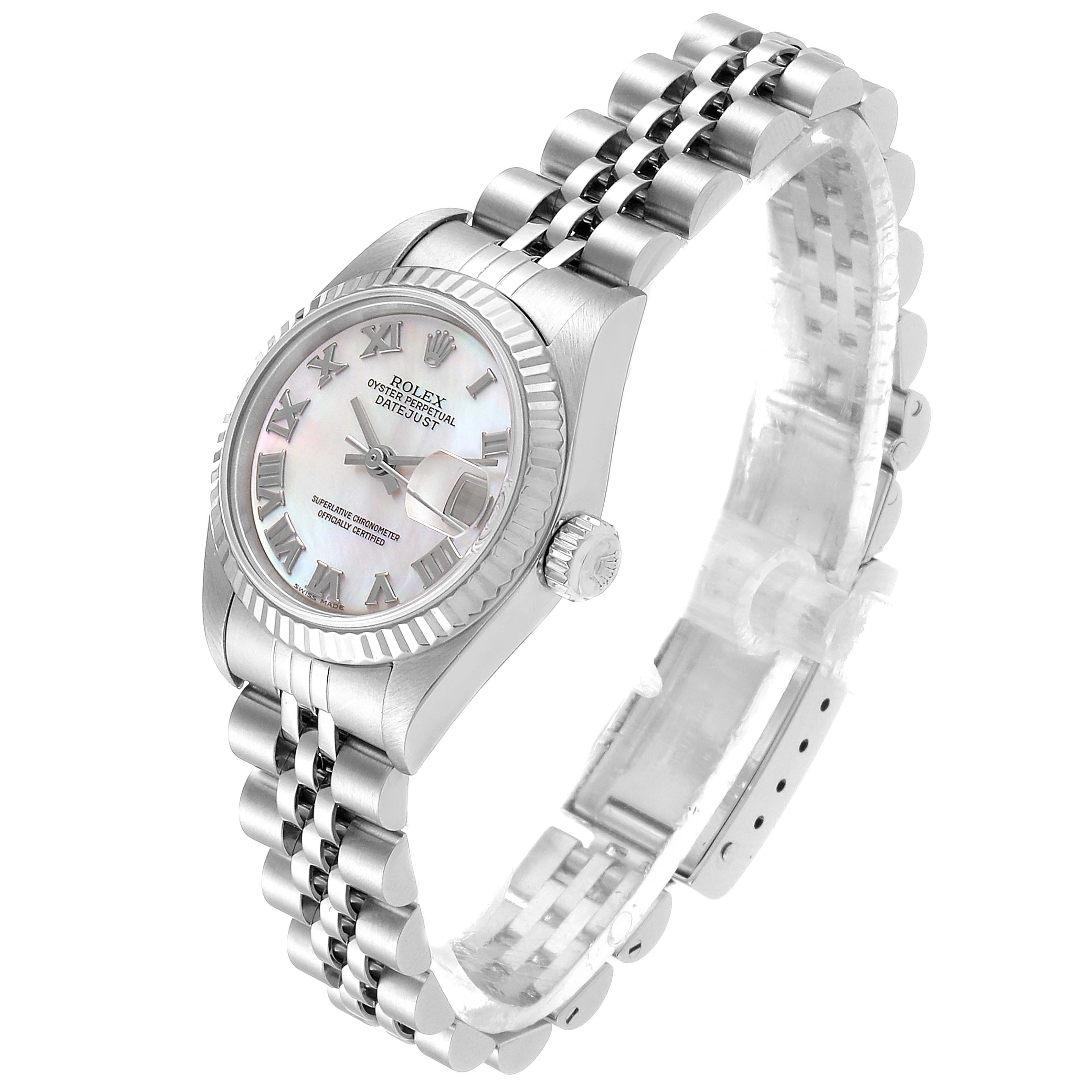 The Rolex Datejust 79174 Women's Stainless Steel Mother of Pearl Dial 79174 Women's Stainless Steel Mother of Pearl Dial watch is shown at a slight angle, displaying the face, bezel, crown, and part of the bracelet.