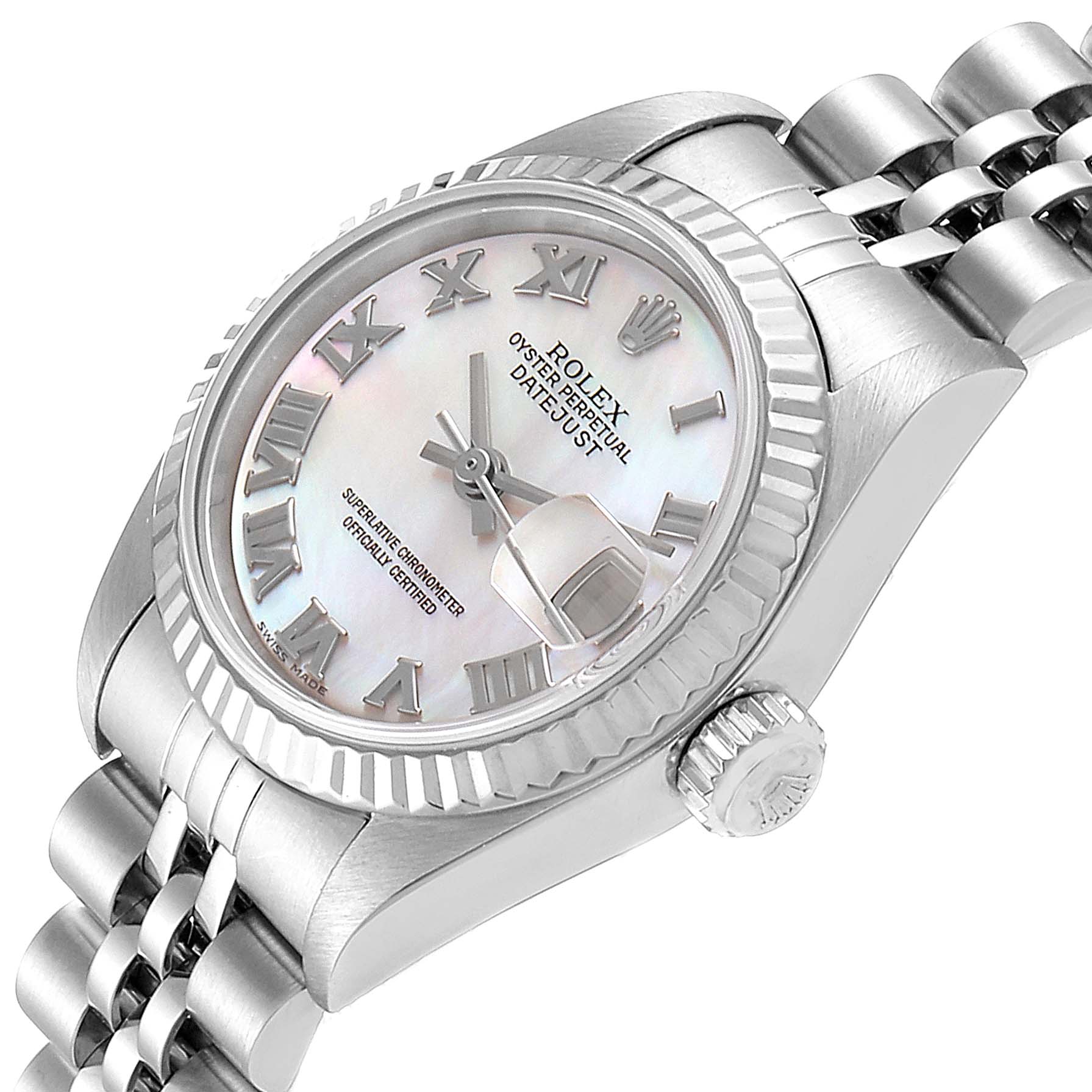This image shows a close-up angle of a Rolex Datejust 79174 Women's Stainless Steel Mother of Pearl Dial 79174 Women's Stainless Steel Mother of Pearl Dial watch, highlighting the face, bezel, crown, and part of the bracelet.