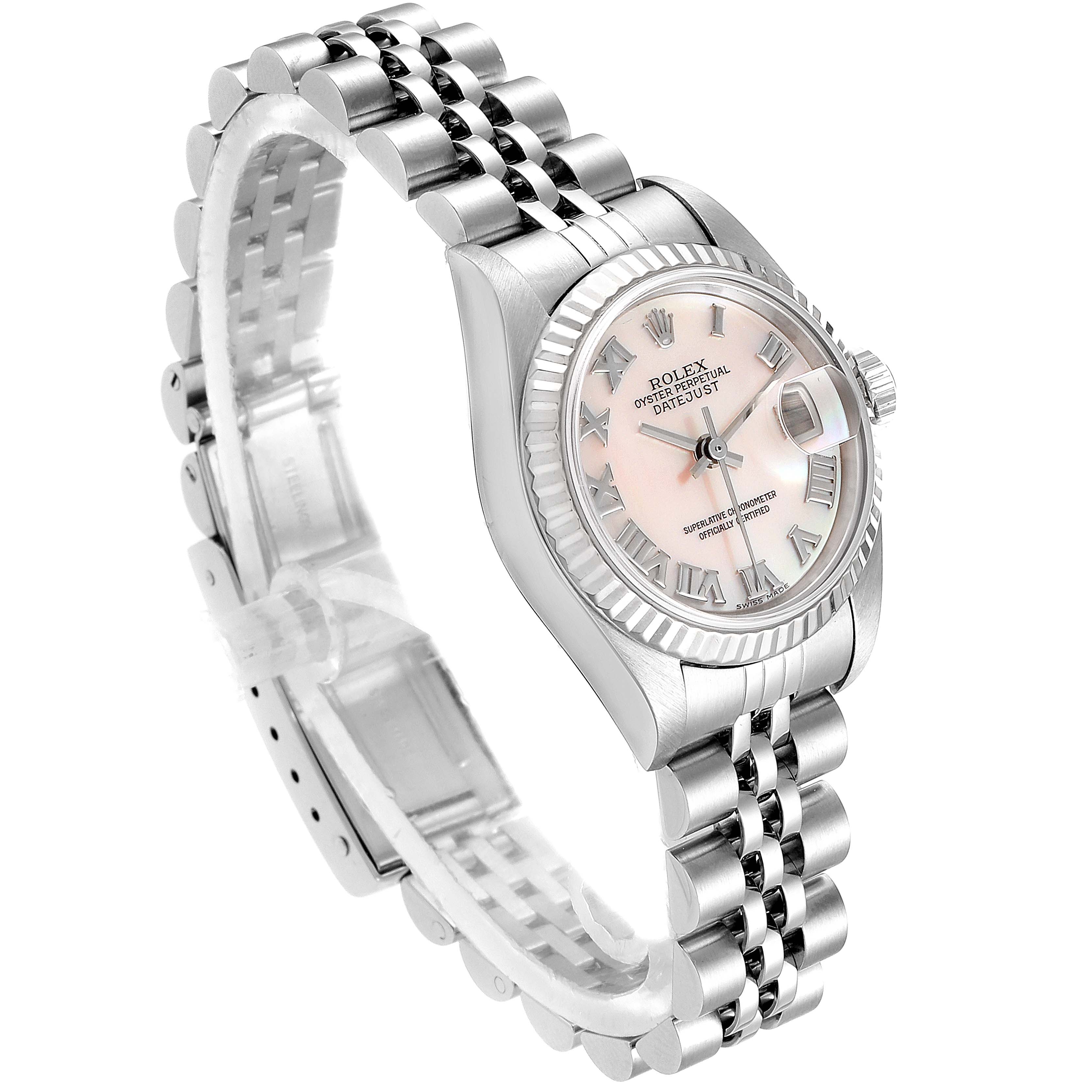 This image shows a Rolex Datejust 79174 Women's Stainless Steel Mother of Pearl Dial 79174 Women's Stainless Steel Mother of Pearl Dial watch at a three-quarter angle, displaying the face, bezel, and bracelet.