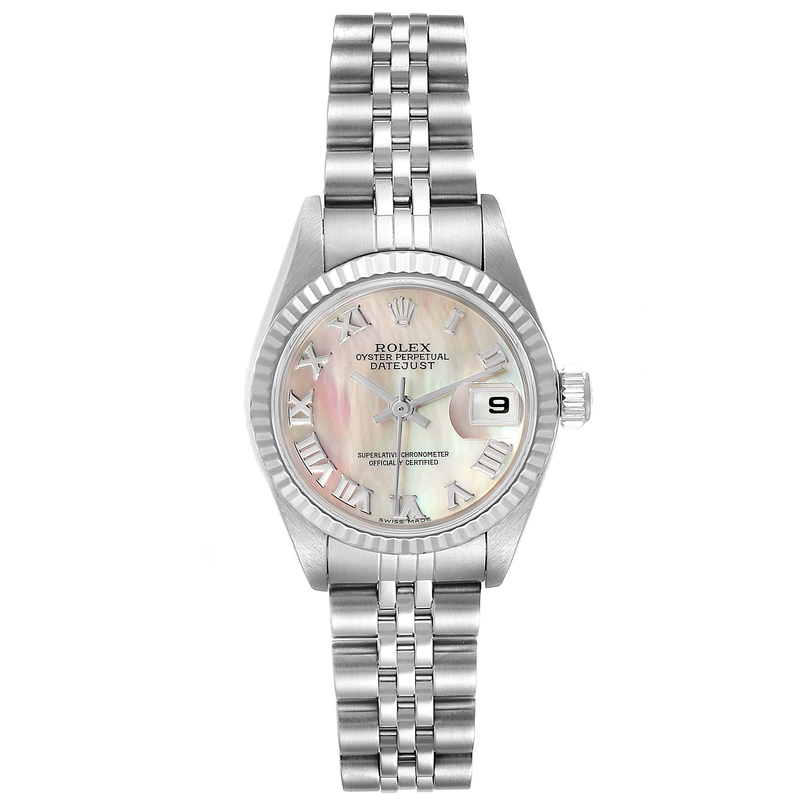 This image shows a Rolex Datejust 79174 Women's Stainless Steel Mother of Pearl Dial 79174 Women's Stainless Steel Mother of Pearl Dial watch with a mother-of-pearl dial, fluted bezel, and Jubilee bracelet, viewed from the front.