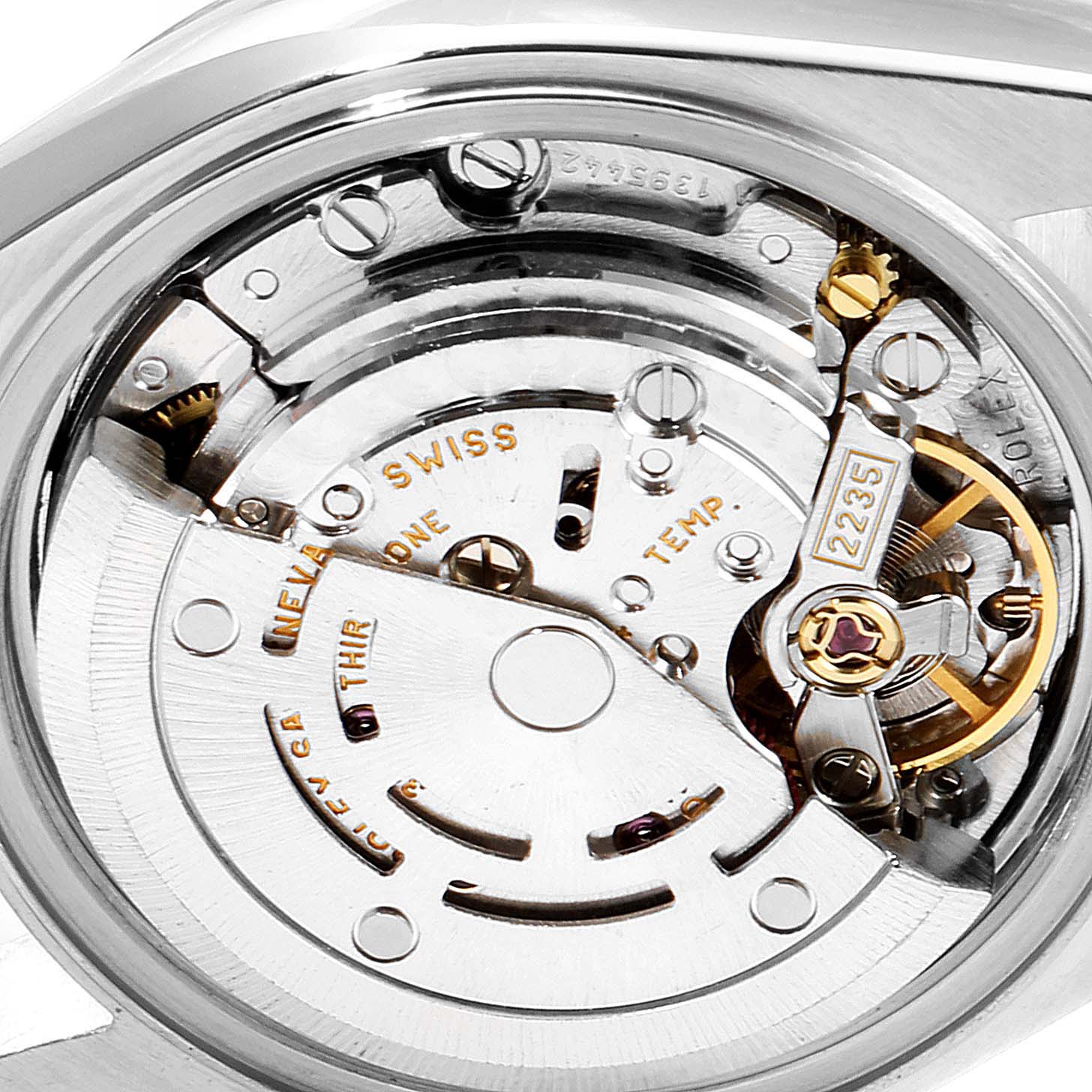 The image shows the internal mechanism of a Rolex Datejust 79174 Women's Stainless Steel Mother of Pearl Dial 79174 Women's Stainless Steel Mother of Pearl Dial watch from a close-up angle.