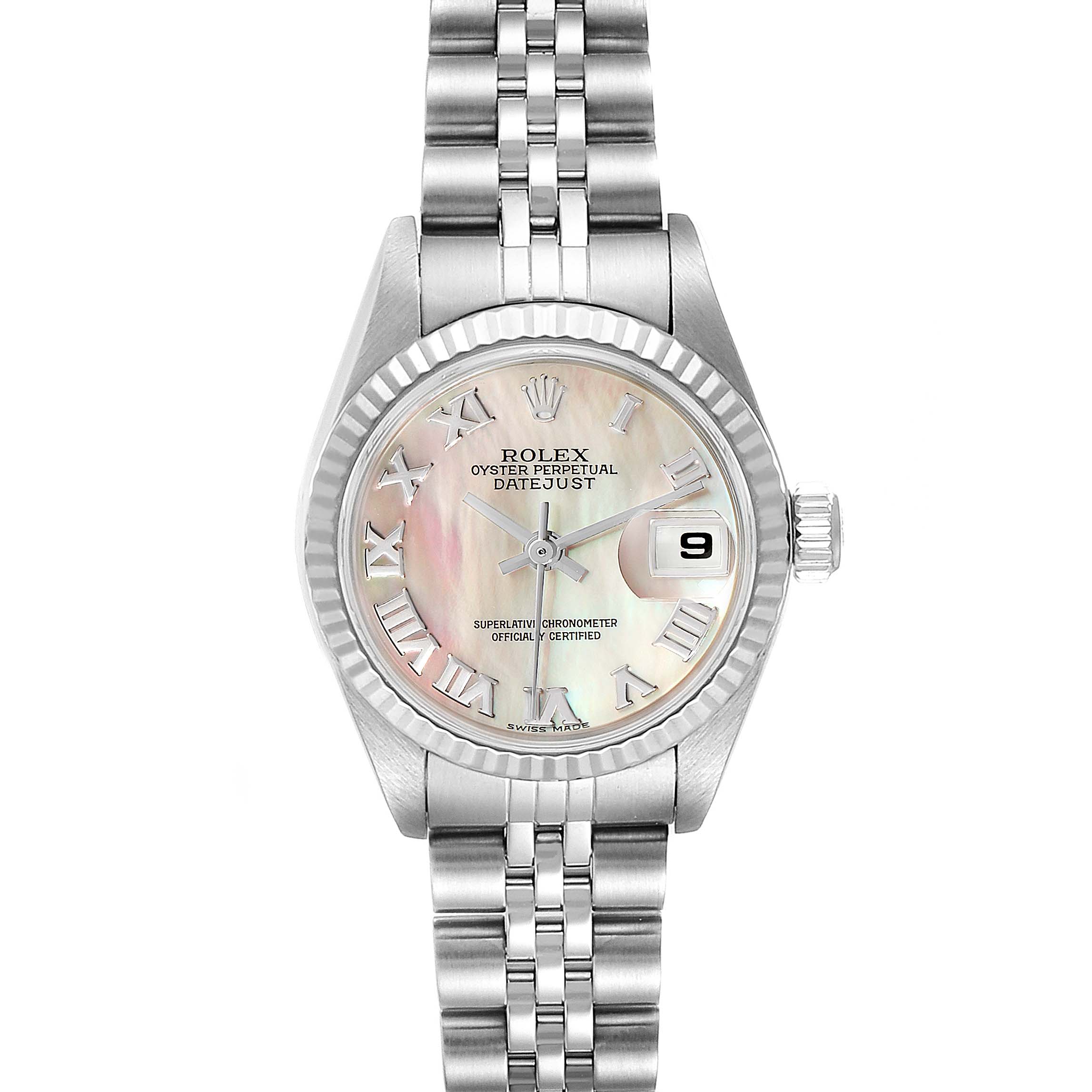 The image shows a front view of a Rolex Datejust 79174 Women's Stainless Steel Mother of Pearl Dial 79174 Women's Stainless Steel Mother of Pearl Dial watch, featuring its dial, bezel, crown, and part of the bracelet.