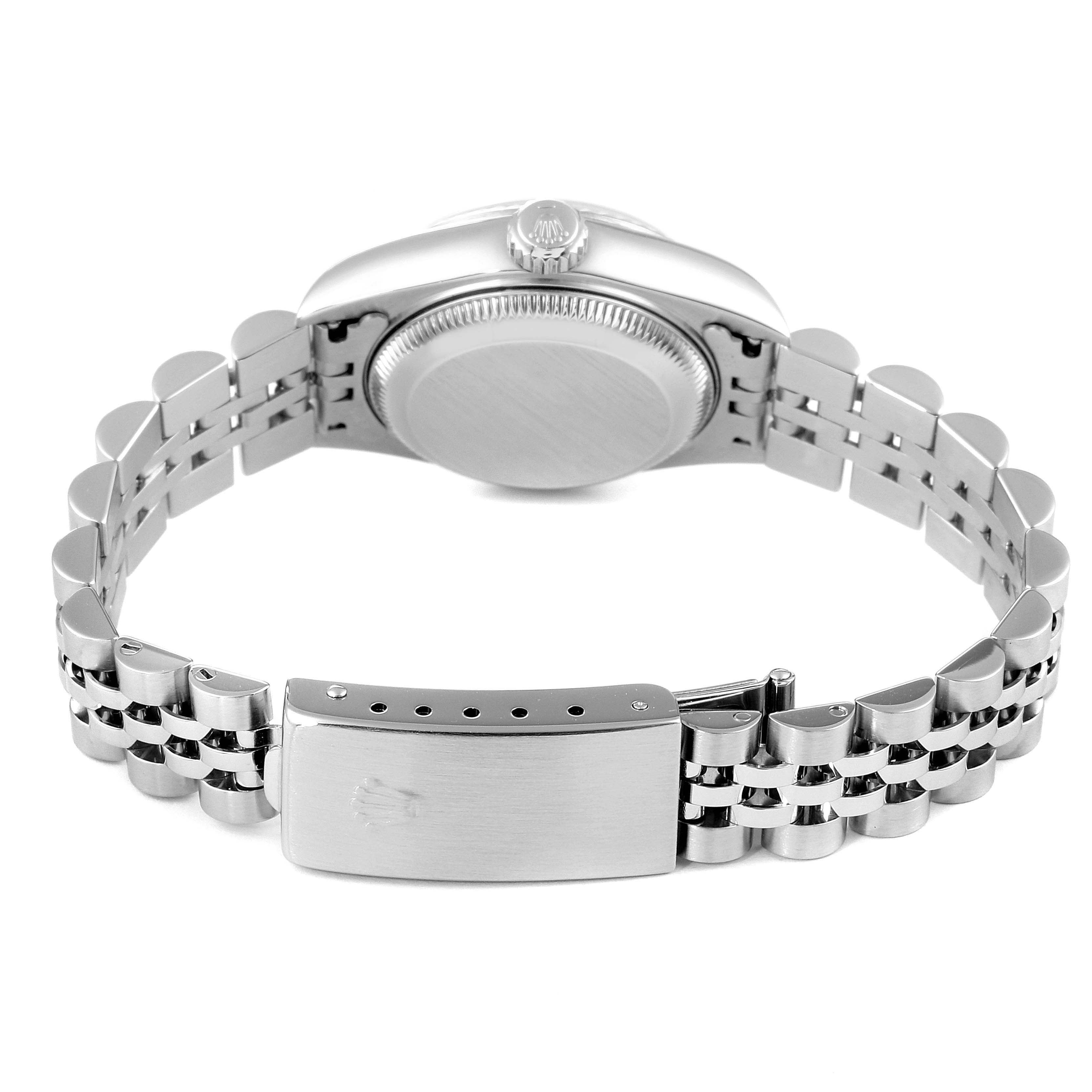 This image shows the back view of a Rolex Datejust 79174 Women's Stainless Steel Mother of Pearl Dial 79174 Women's Stainless Steel Mother of Pearl Dial watch, highlighting the band and clasp.