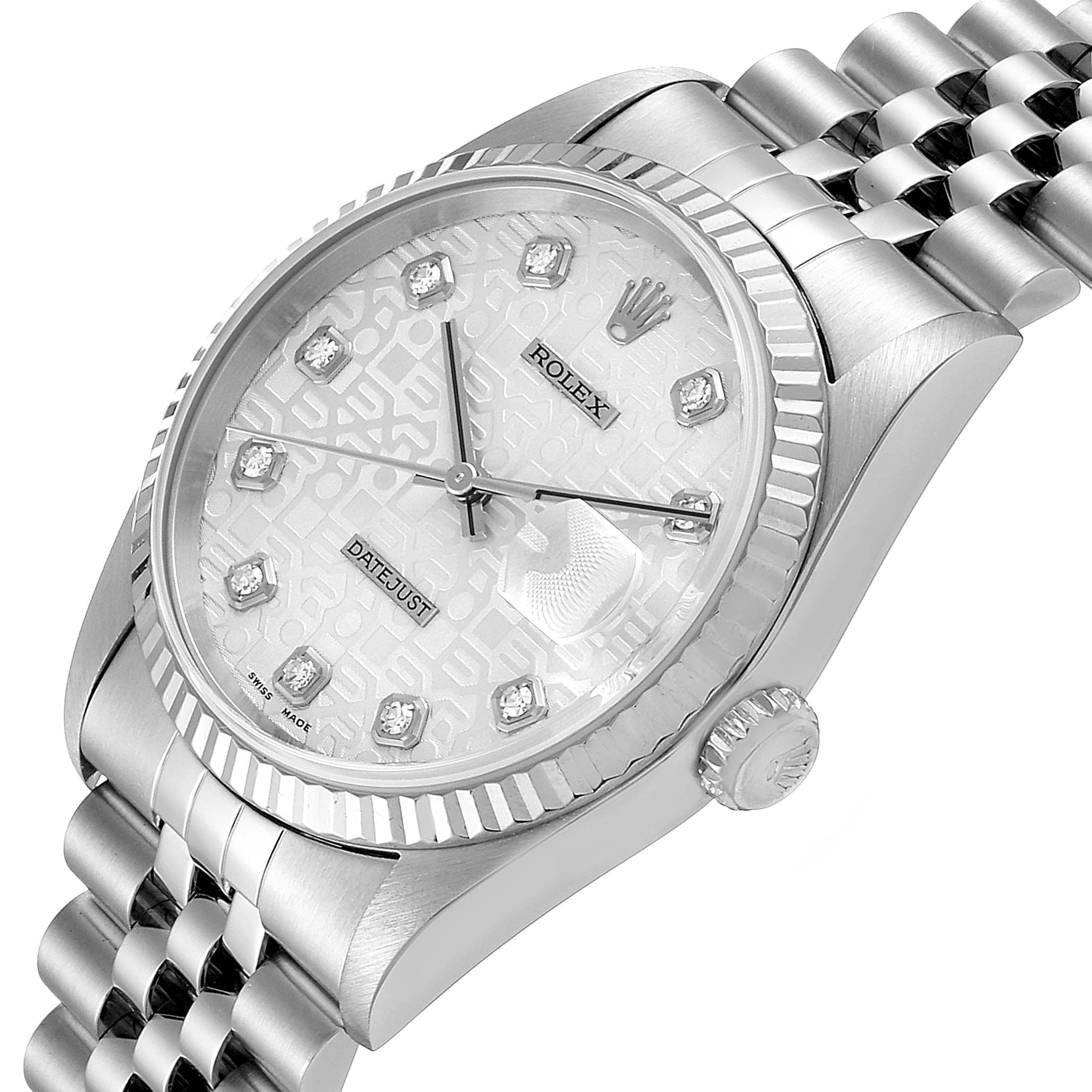 The image shows a front-angle view of a Rolex Datejust 16234 Men's Stainless Steel Silver Dial 16234 Men's Stainless Steel Silver Dial watch, highlighting the dial, bezel, crown, and part of the bracelet.