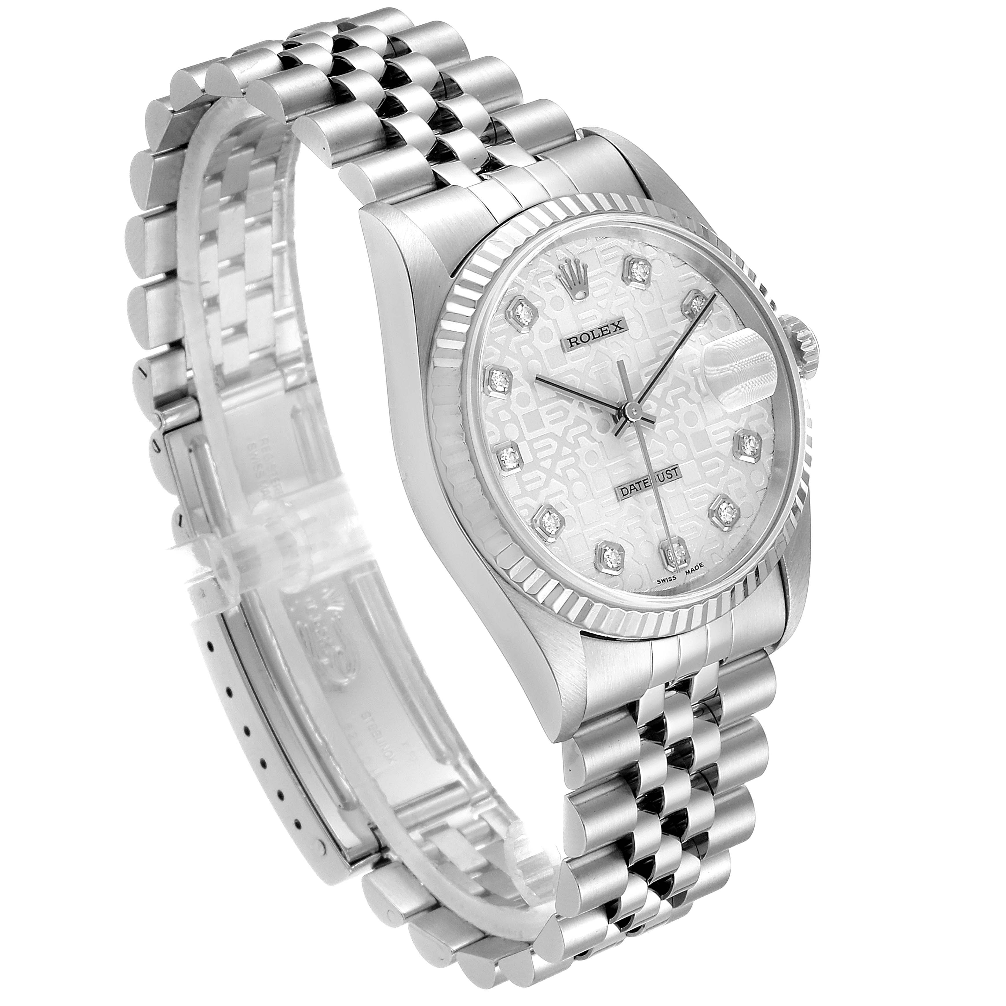The image shows a Rolex Datejust 16234 Men's Stainless Steel Silver Dial 16234 Men's Stainless Steel Silver Dial watch at a three-quarter angle, highlighting the face, bracelet, and bezel.
