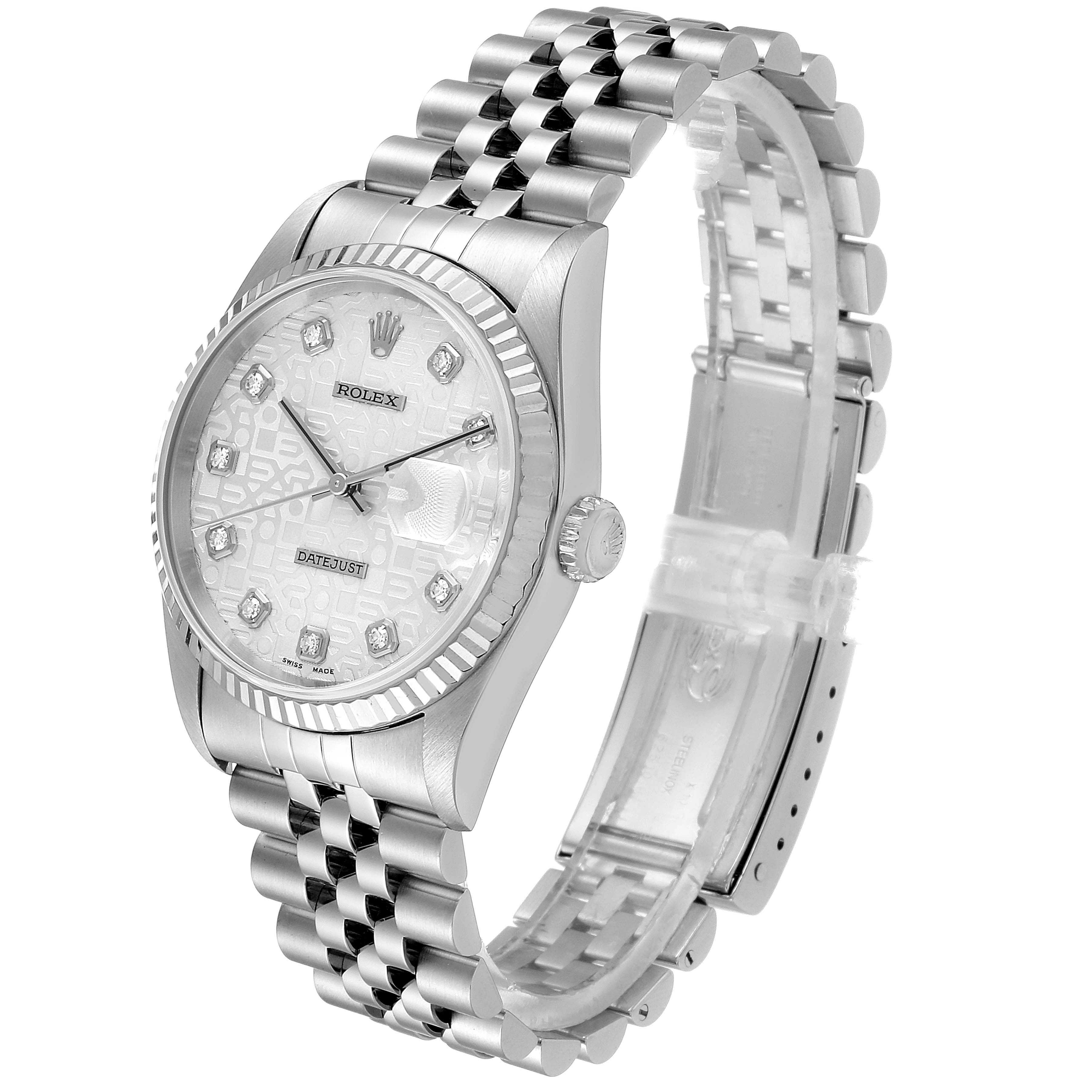 The Rolex Datejust 16234 Men's Stainless Steel Silver Dial 16234 Men's Stainless Steel Silver Dial watch is shown at a slight angle, highlighting the case, dial, bezel, crown, and partially open bracelet.