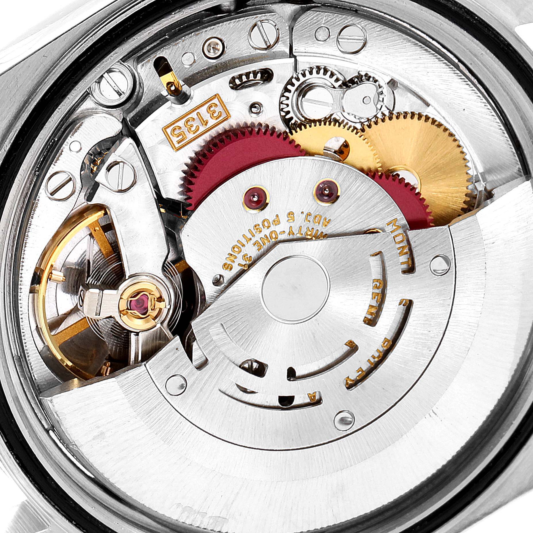 The image shows the internal mechanism of a Rolex Datejust 16234 Men's Stainless Steel Silver Dial 16234 Men's Stainless Steel Silver Dial watch at a close-up angle, highlighting gears and movement components.