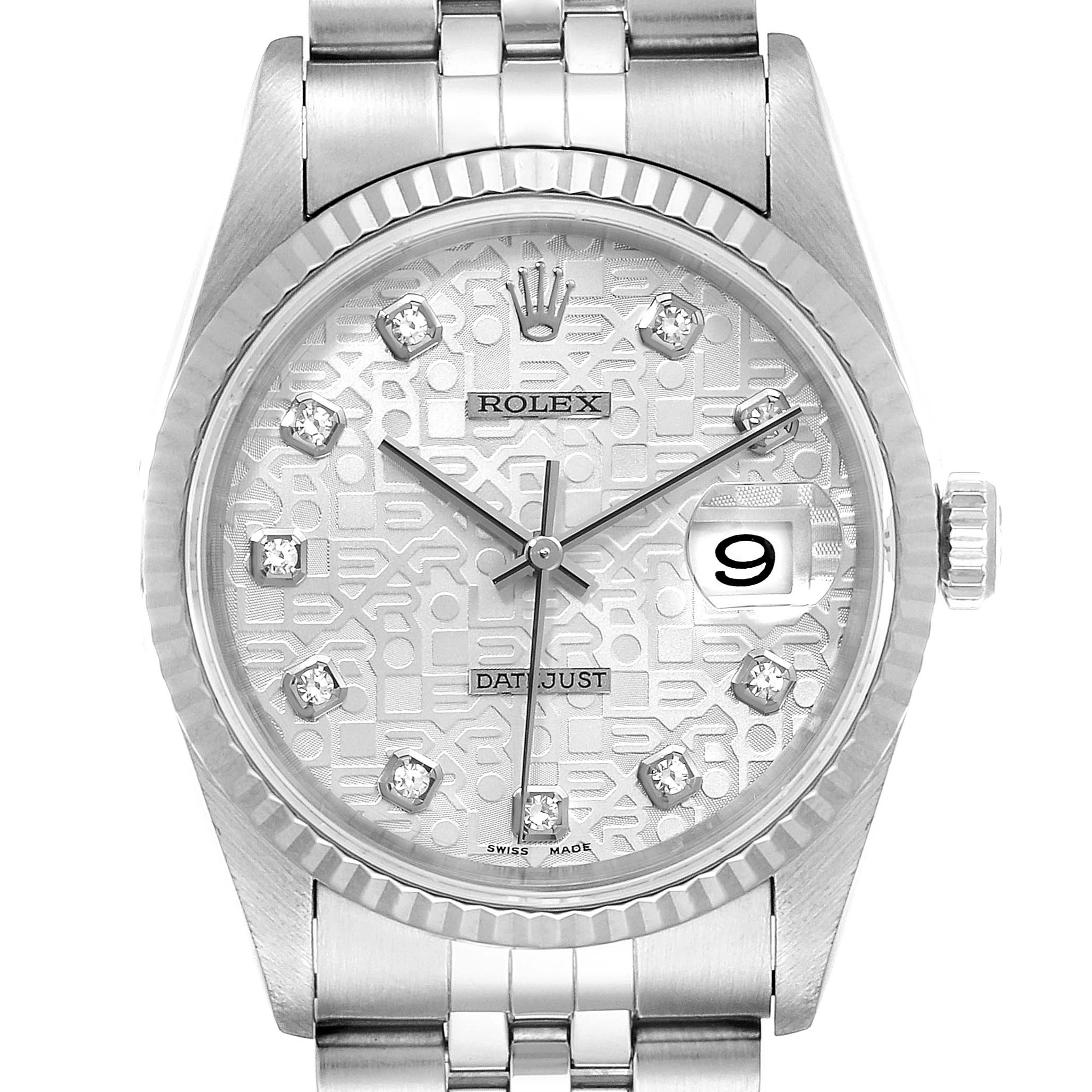 This image shows a front view of the Rolex Datejust 16234 Men's Stainless Steel Silver Dial 16234 Men's Stainless Steel Silver Dial watch, highlighting the face, bezel, dial, and part of the bracelet.