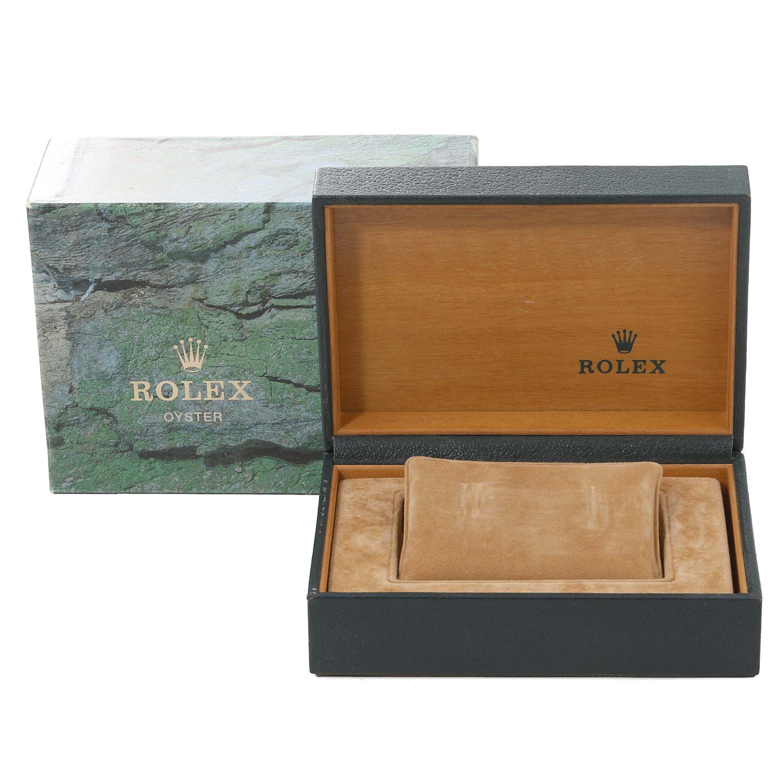 The image shows an open Rolex Datejust 16234 Men's Stainless Steel Silver Dial 16234 Men's Stainless Steel Silver Dial watch box with its outer packaging, showcasing the interior cushion and wooden lining.