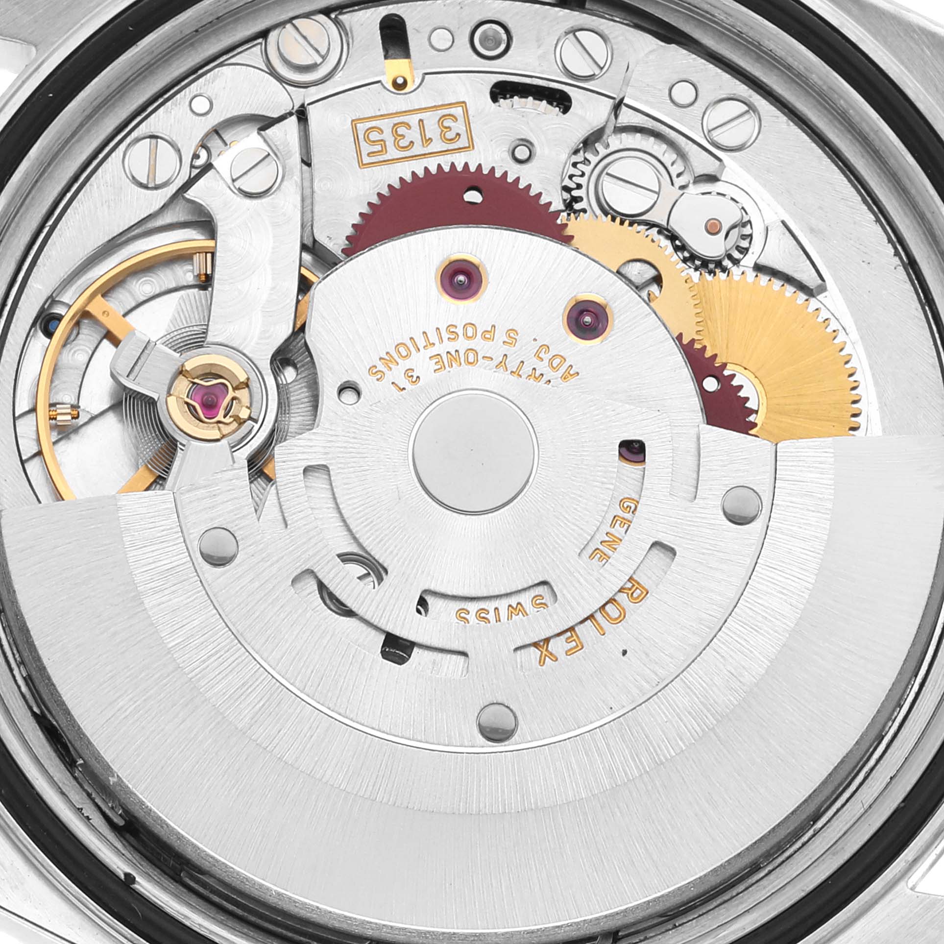 This is a close-up view of the movement and internal mechanisms of a Rolex Datejust 16234 Men's Stainless Steel Silver Dial 16234 Men's Stainless Steel Silver Dial watch.