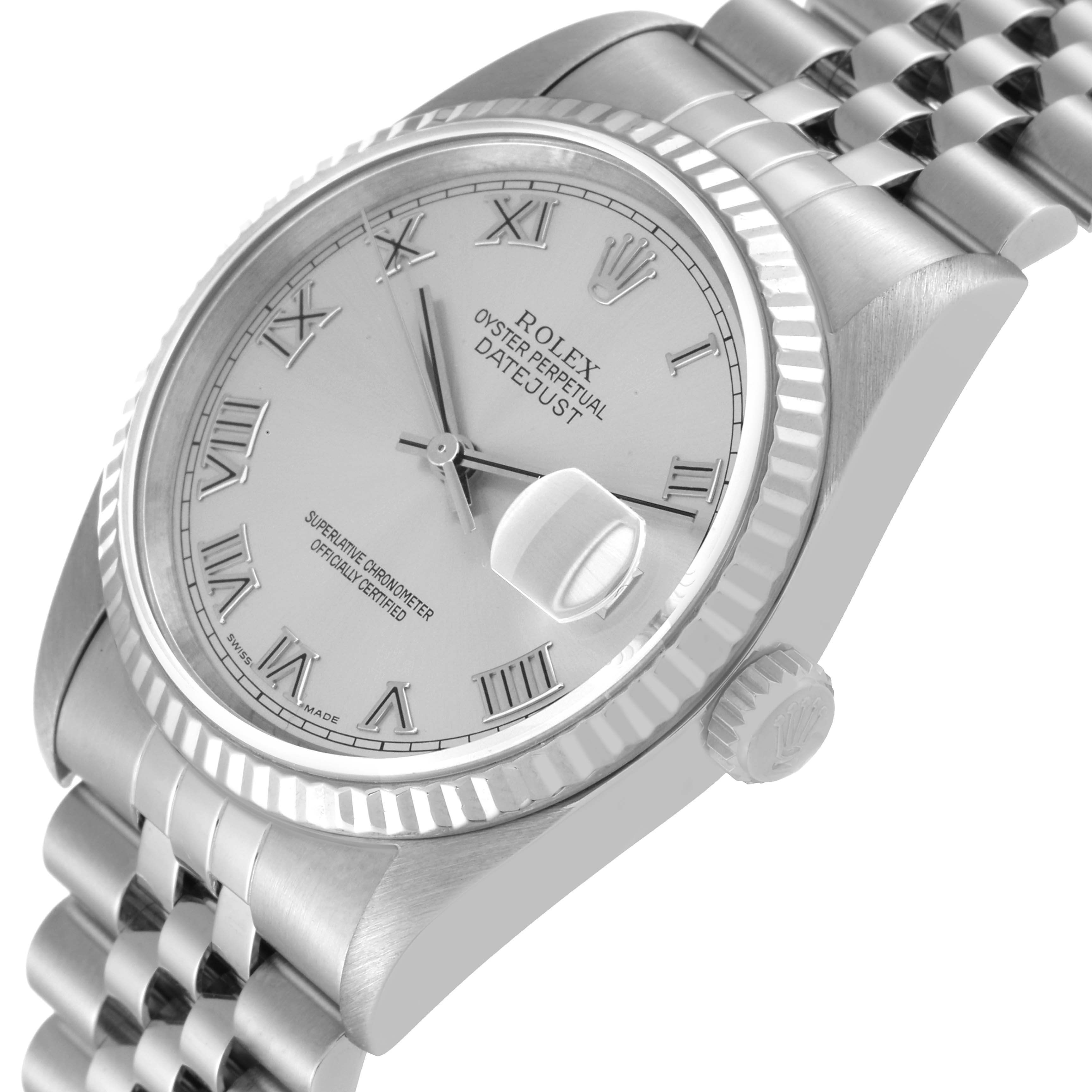 This image shows a close-up view of the Rolex Datejust 16234 Men's Stainless Steel Silver Dial 16234 Men's Stainless Steel Silver Dial watch, highlighting its face, bezel, crown, and part of the bracelet.