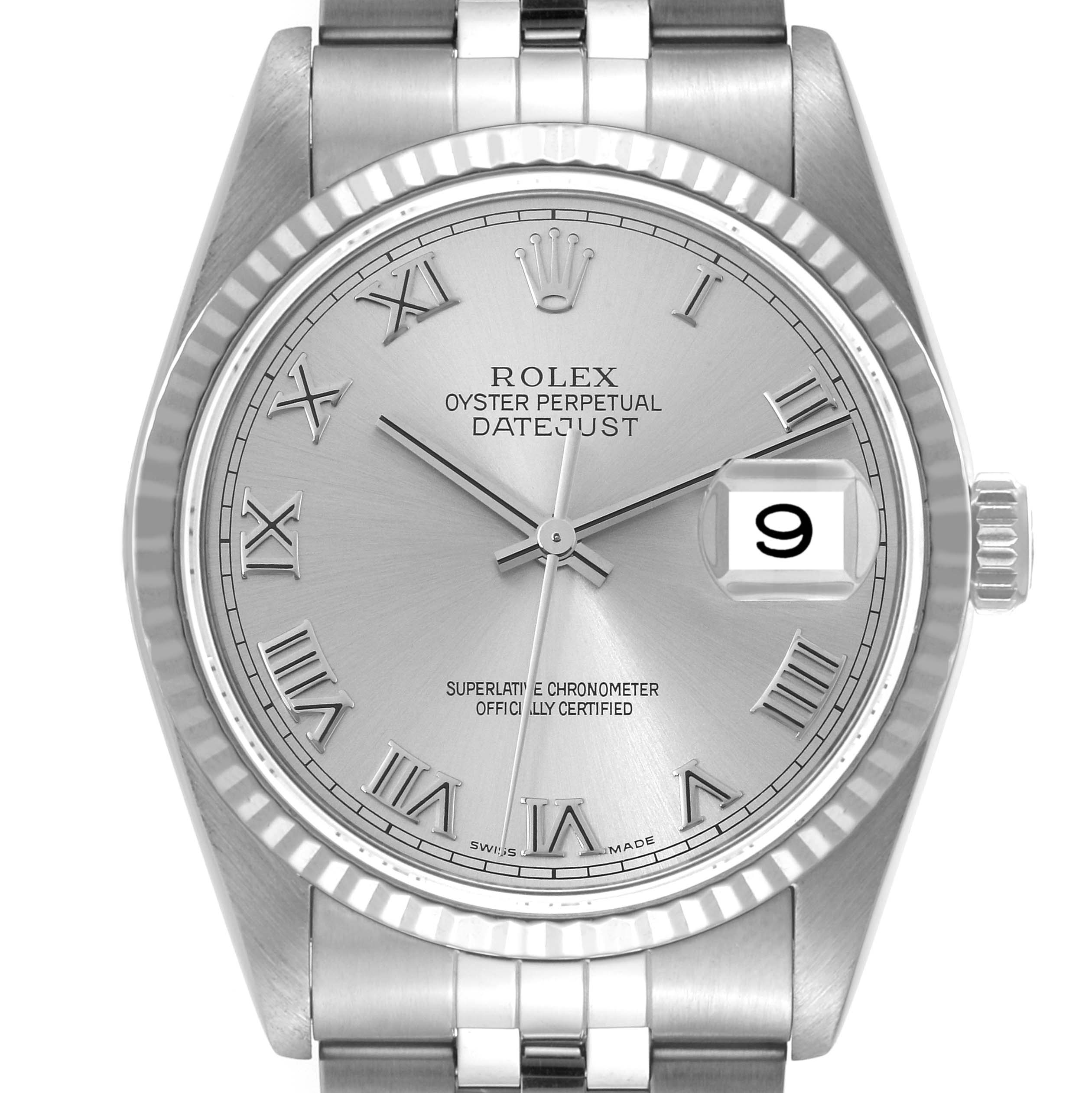 The image shows a front view of the Rolex Datejust 16234 Men's Stainless Steel Silver Dial 16234 Men's Stainless Steel Silver Dial watch, highlighting the dial, bezel, crown, and part of the bracelet.