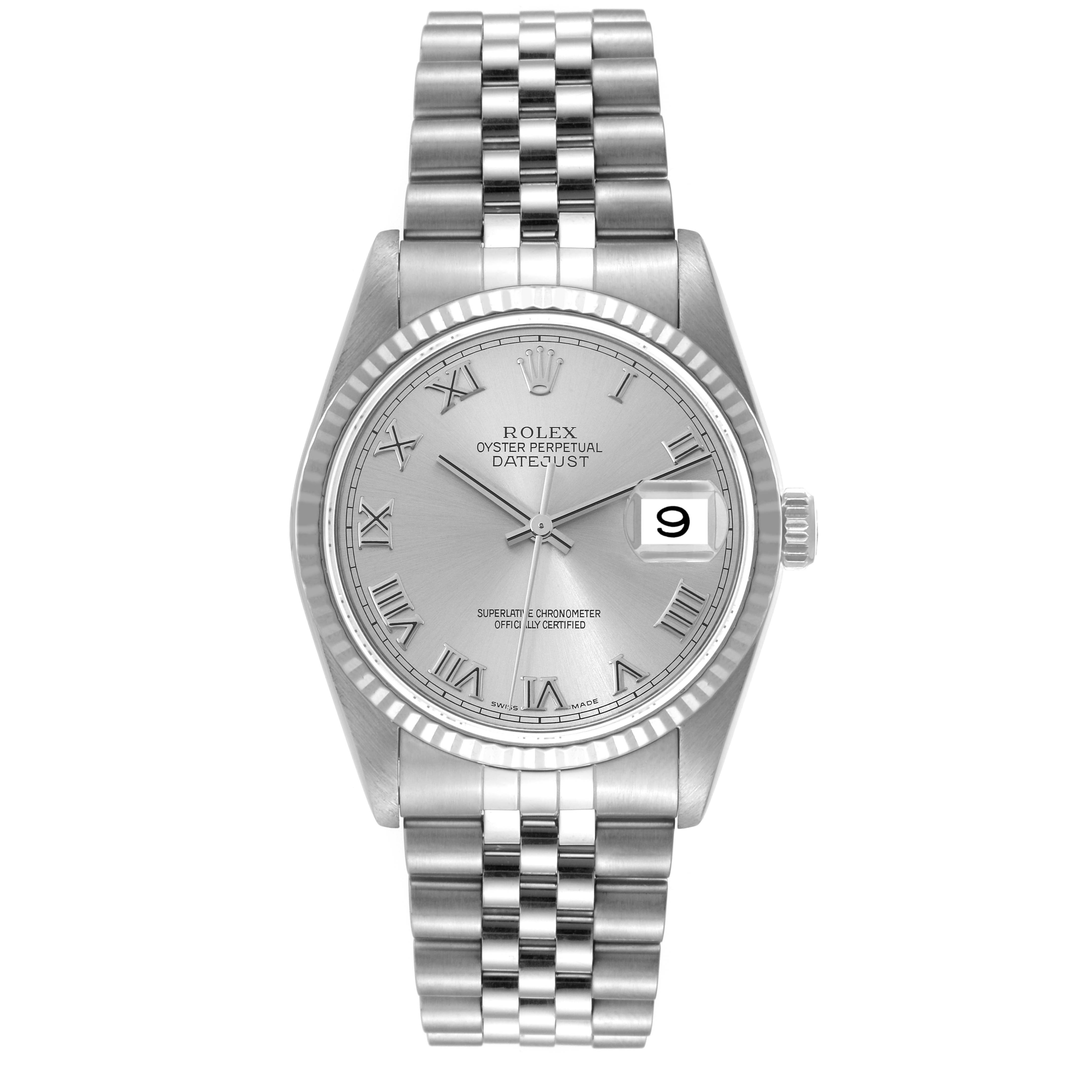 This image shows a front view of the Rolex Datejust 16234 Men's Stainless Steel Silver Dial 16234 Men's Stainless Steel Silver Dial, highlighting its bracelet, case, dial, and date window at 3 o'clock.