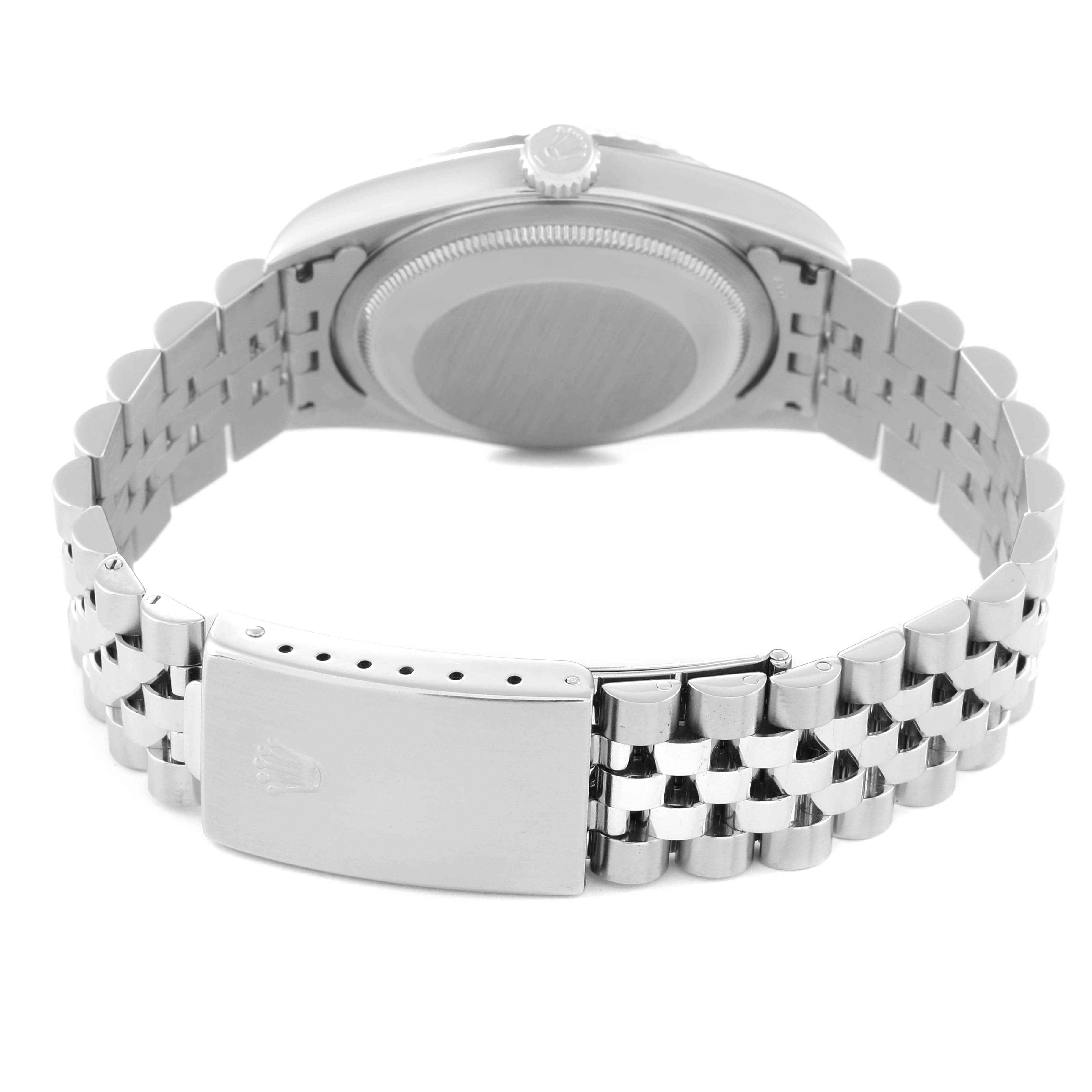 The image shows the back view of a Rolex Datejust 16234 Men's Stainless Steel Silver Dial 16234 Men's Stainless Steel Silver Dial watch, highlighting the bracelet and clasp.