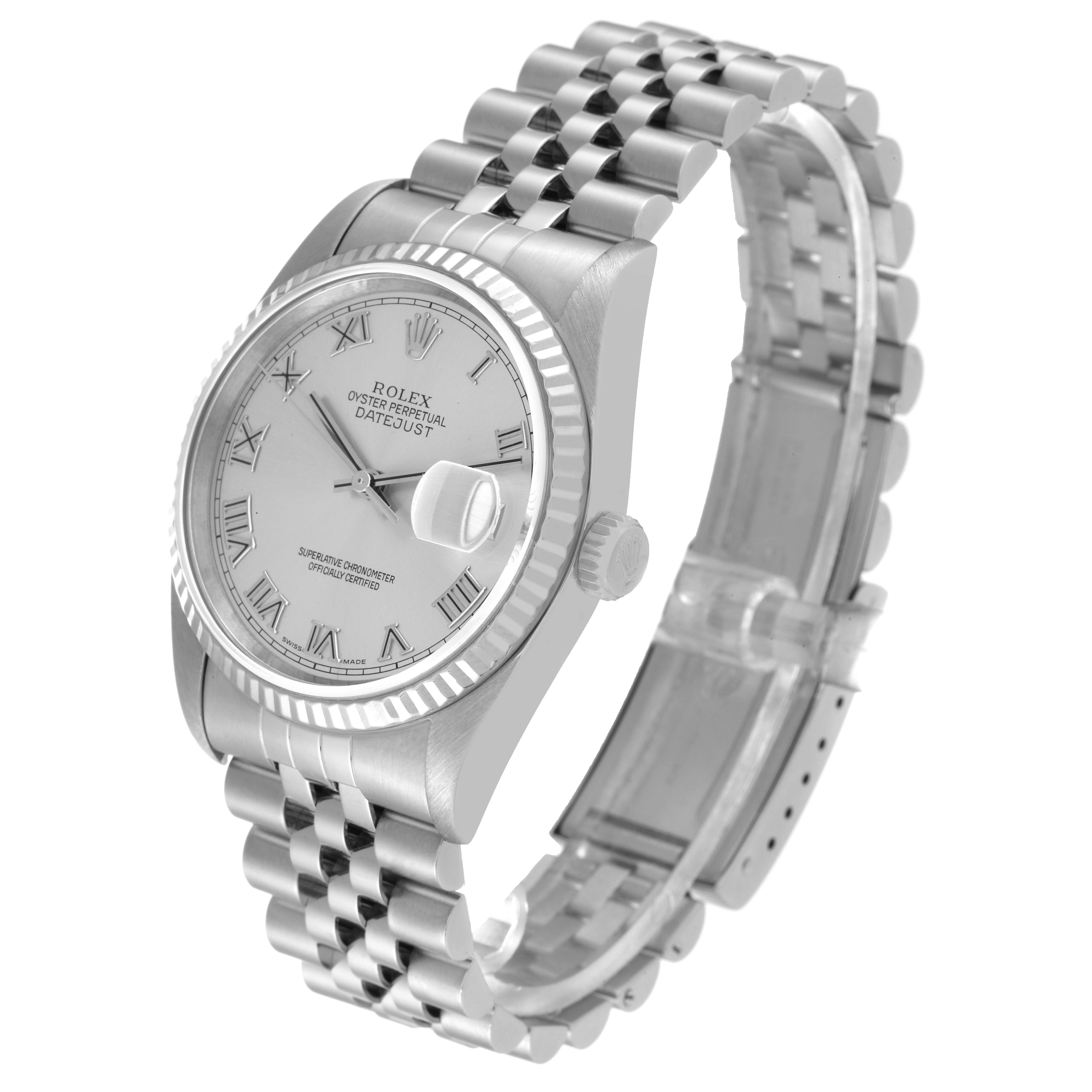The image shows a Rolex Datejust 16234 Men's Stainless Steel Silver Dial 16234 Men's Stainless Steel Silver Dial watch at a three-quarter angle highlighting its dial, bezel, crown, and jubilee bracelet.