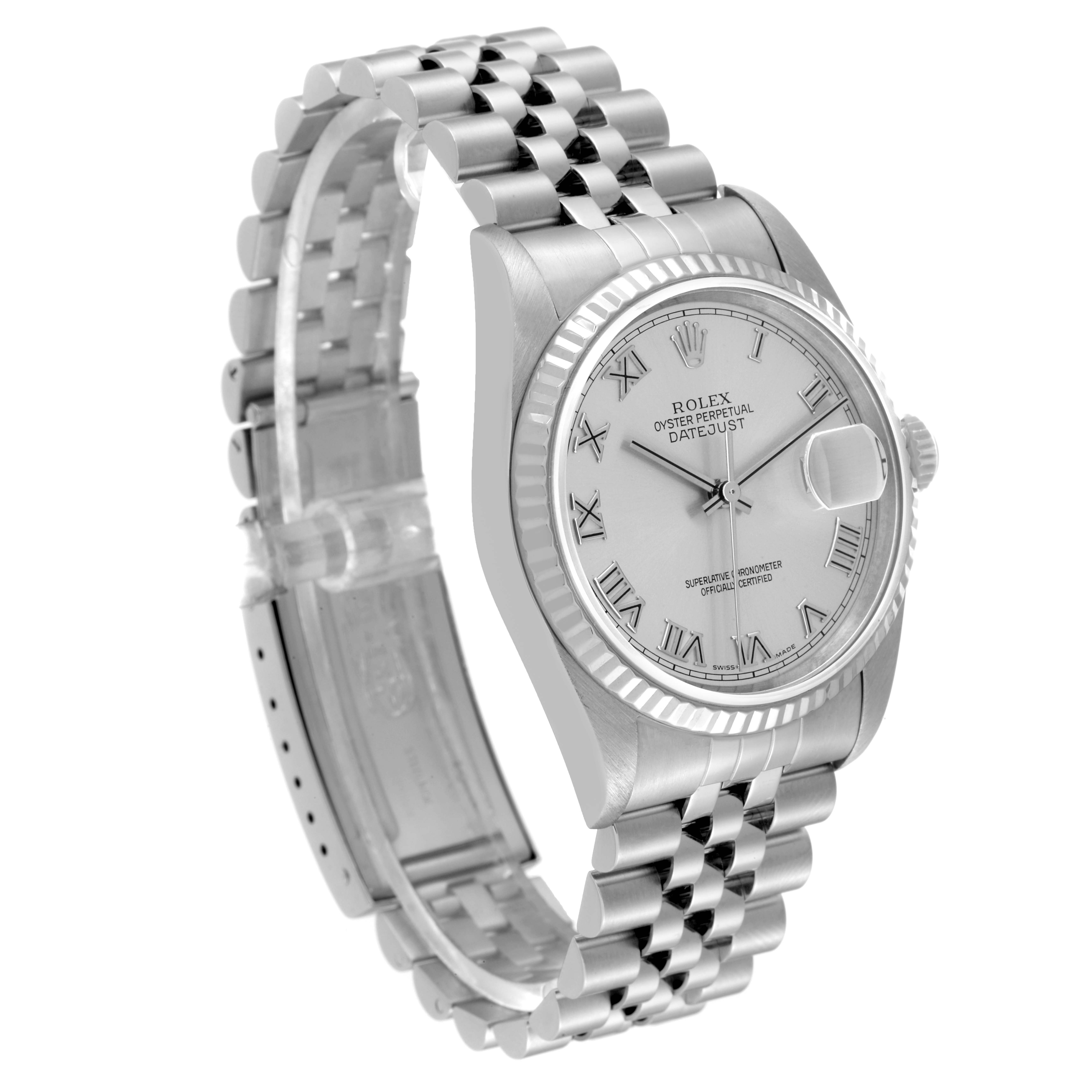 The image shows a Rolex Datejust 16234 Men's Stainless Steel Silver Dial 16234 Men's Stainless Steel Silver Dial watch at a three-quarter angle, highlighting its face, bezel, and bracelet.