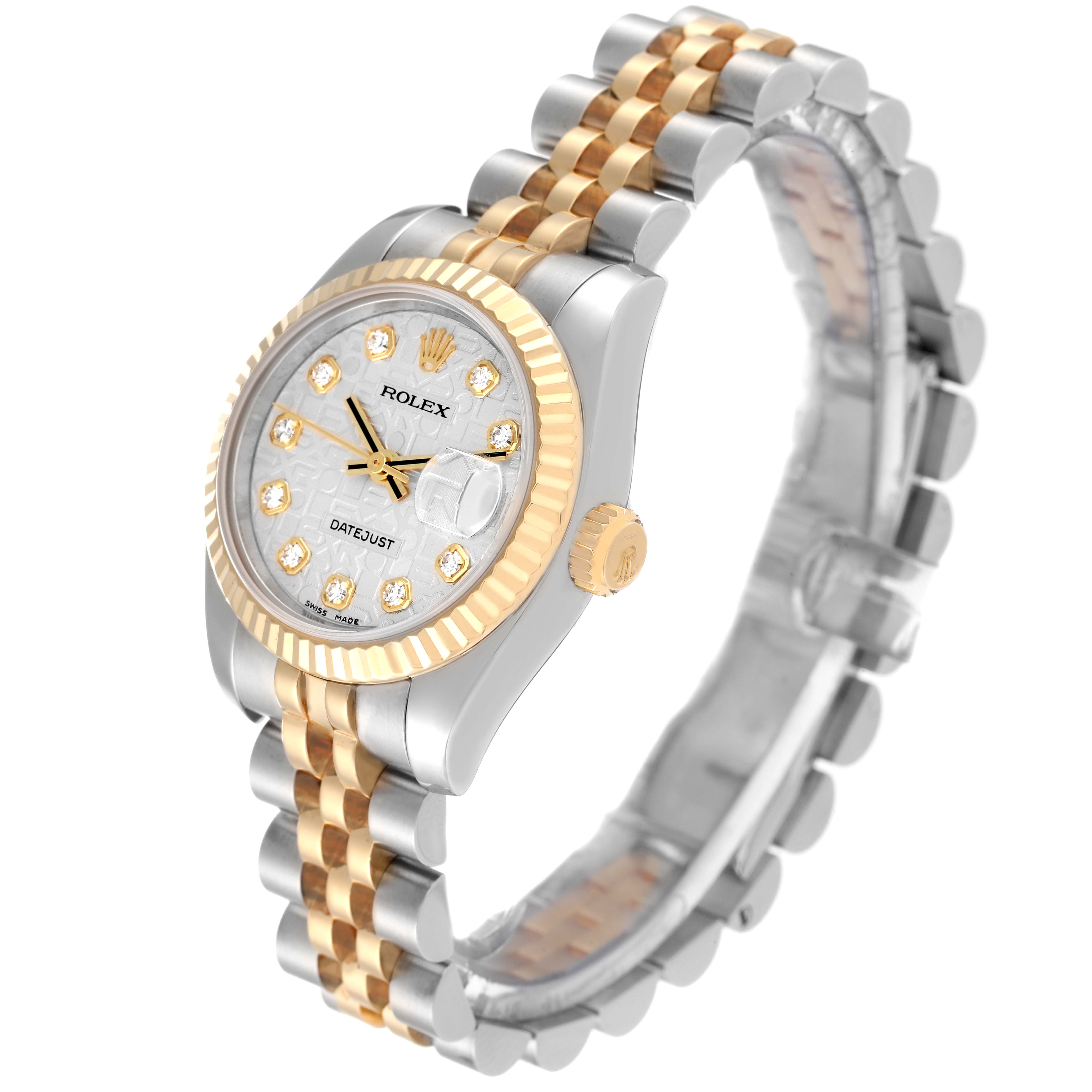 The image shows a Rolex Datejust 179173 Women's Steel and Gold (two tone) Silver Dial 179173 Women's Steel and Gold (two tone) Silver Dial watch at a three-quarter angle, highlighting its two-tone bracelet, diamond markers, and fluted bezel.