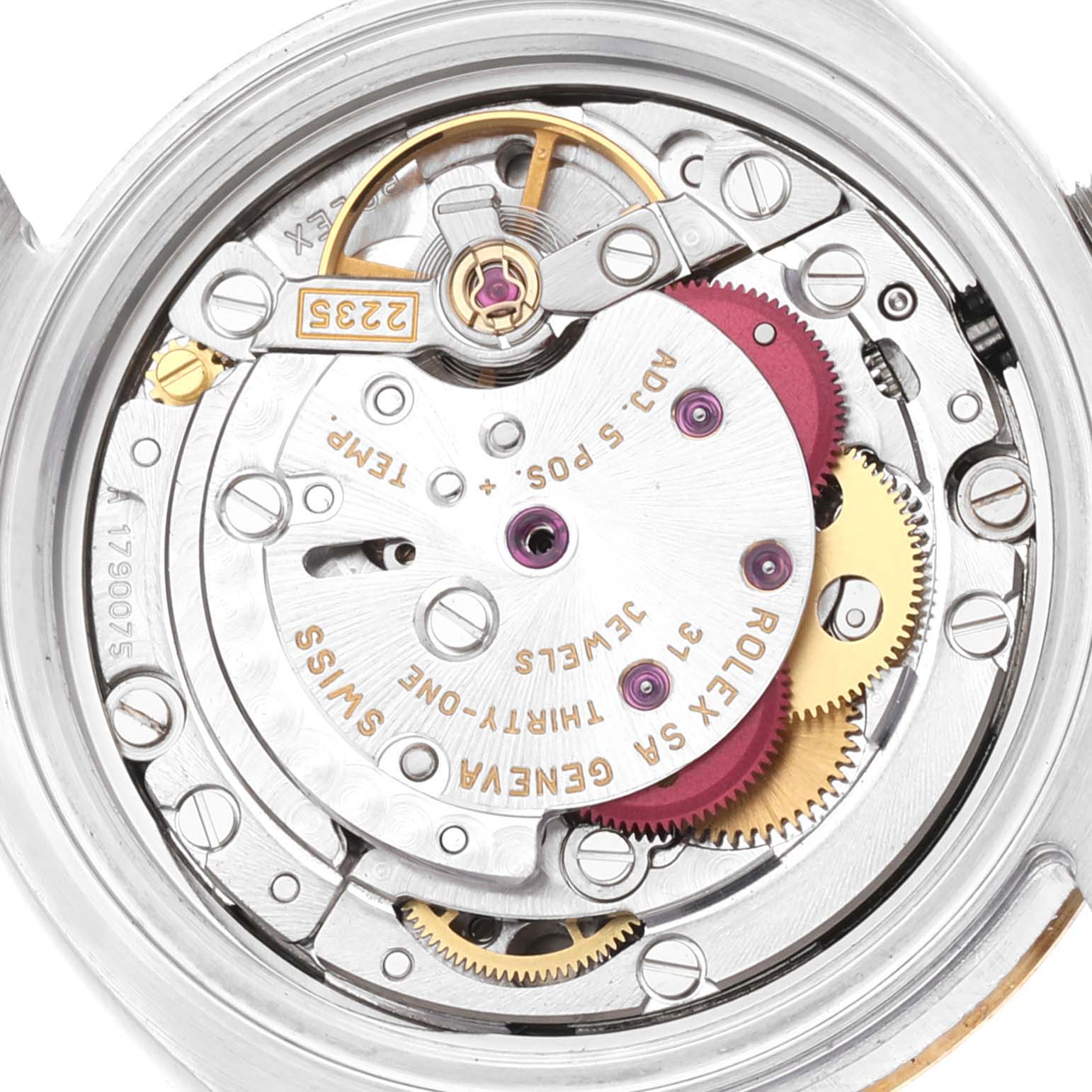 This image shows the internal mechanism of the Rolex Datejust 179173 Women's Steel and Gold (two tone) Silver Dial 179173 Women's Steel and Gold (two tone) Silver Dial watch, focusing on the movement components.